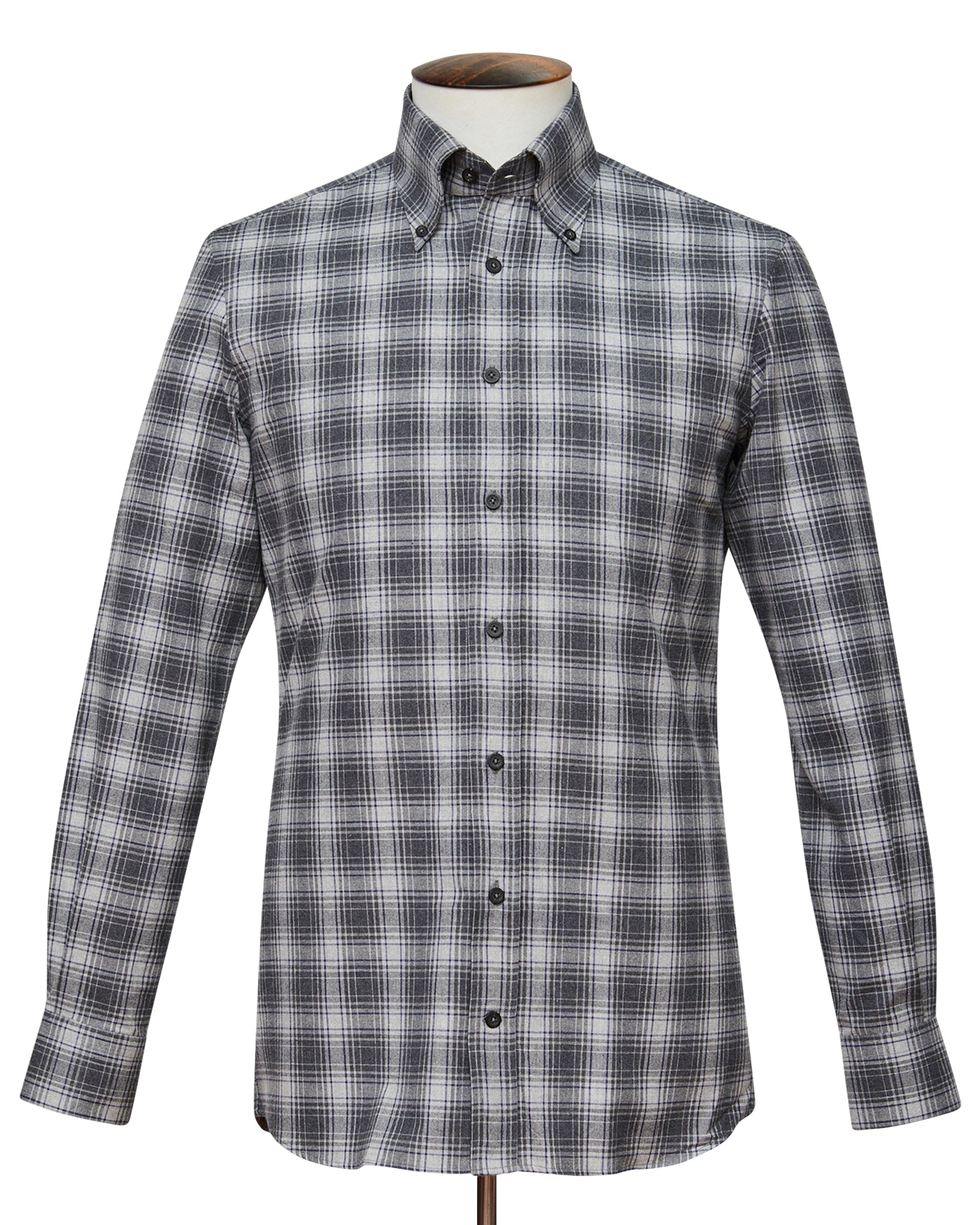 Grey Cotton Flannel with Blue Overcheck Button-Down Shirt