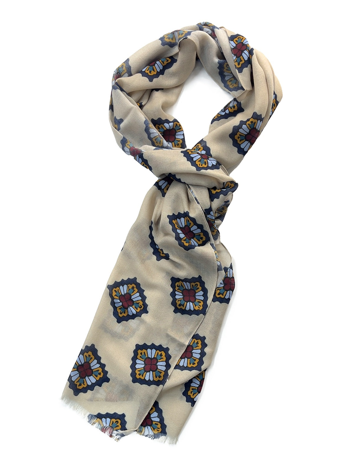 Ecru Medallion Print Cashmere Scarf