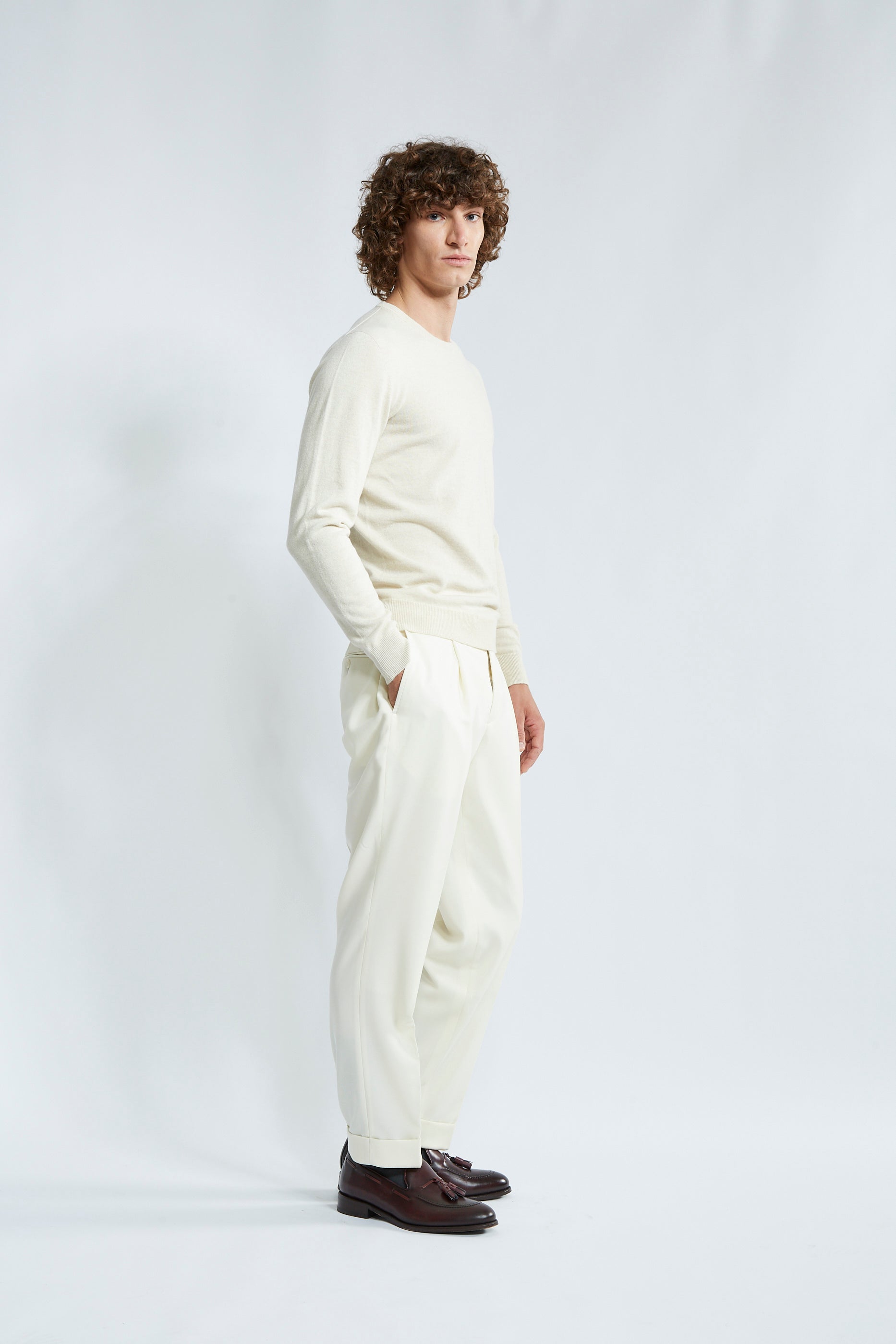 Ivory Cavalry Twill Pleated Trouser