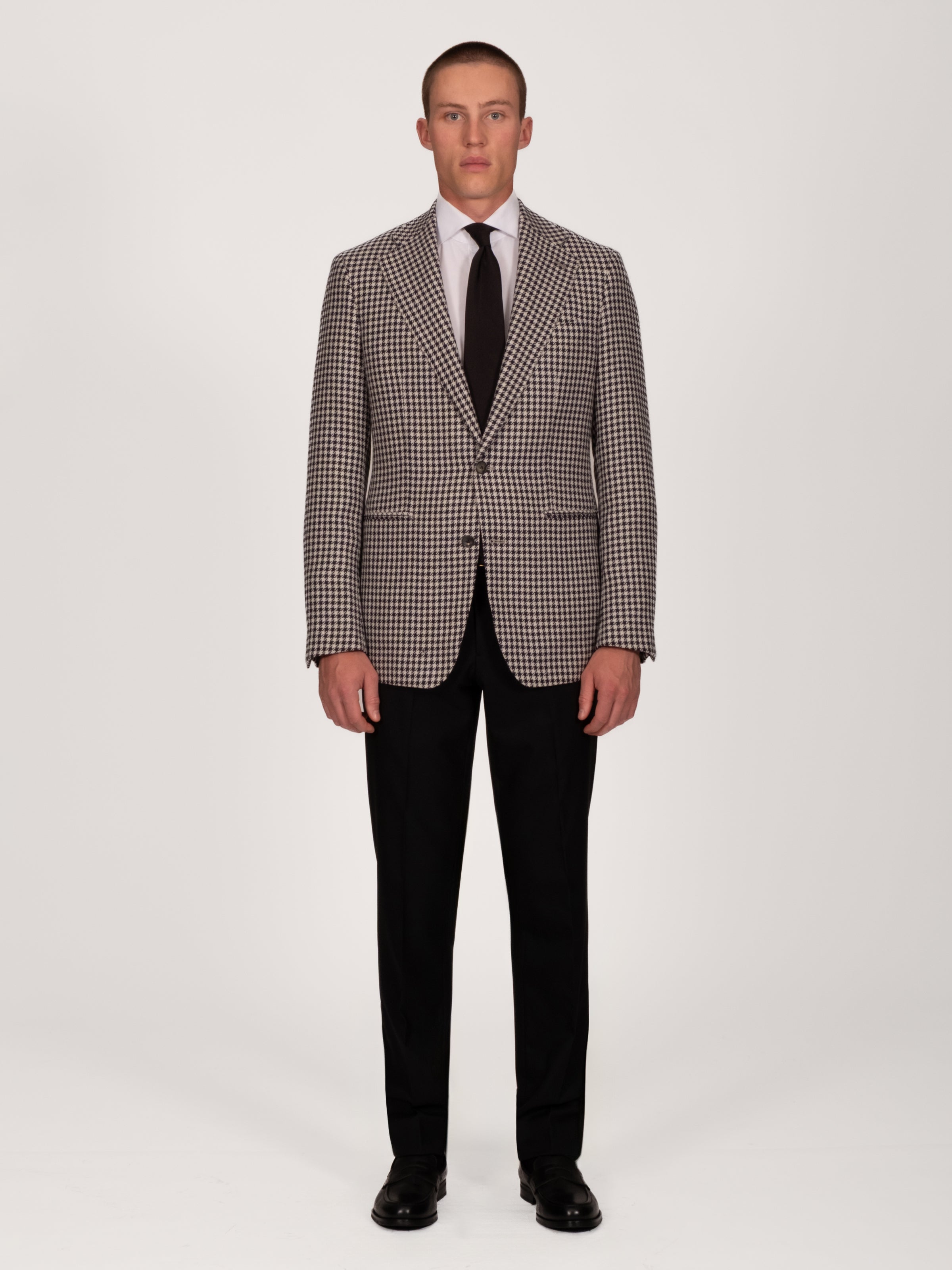 Midnight Off White Wool Alpaca Silk Houndstooth Blazer