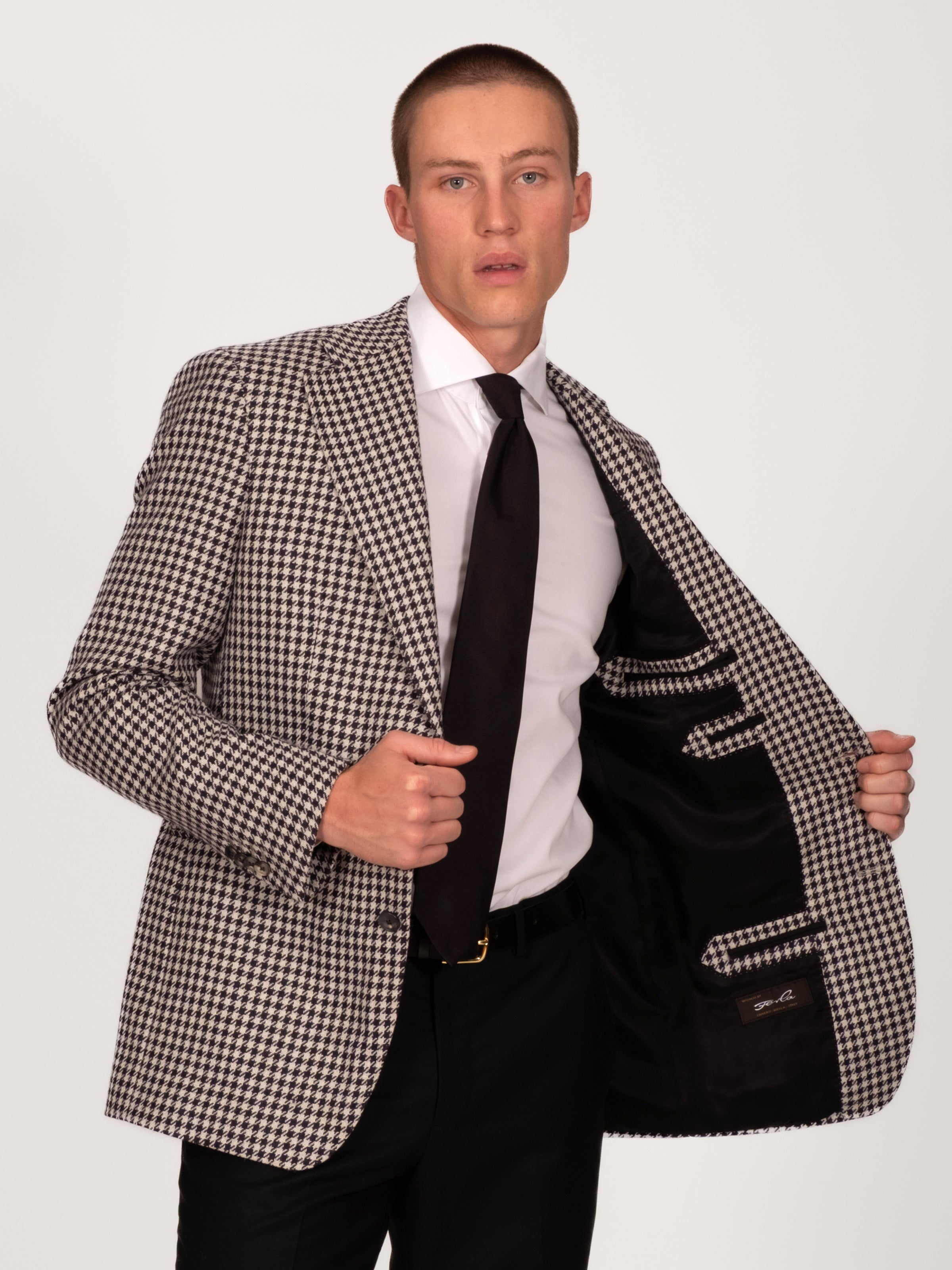 Midnight Off White Wool Alpaca Silk Houndstooth Blazer
