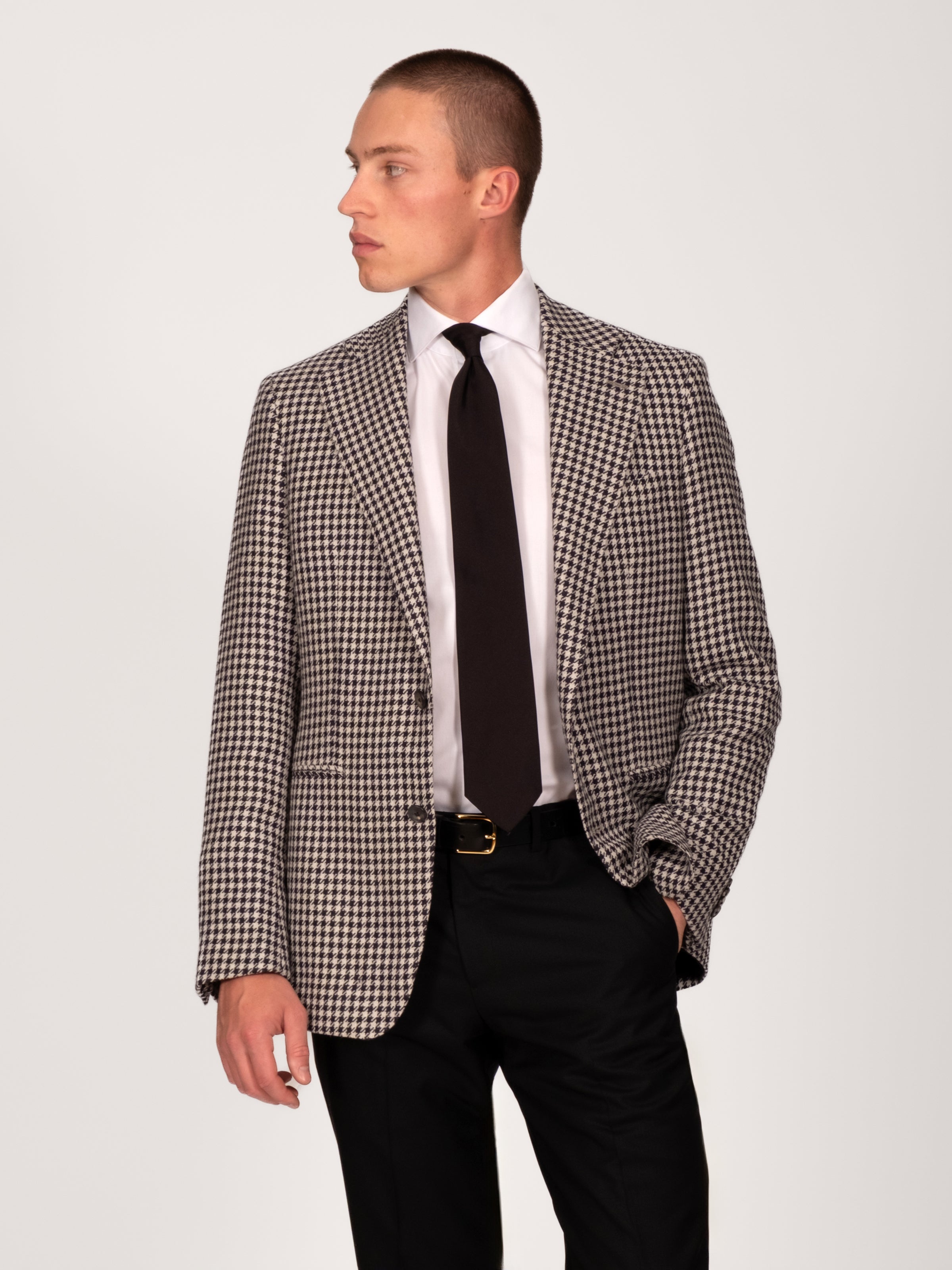 Midnight Off White Wool Alpaca Silk Houndstooth Blazer