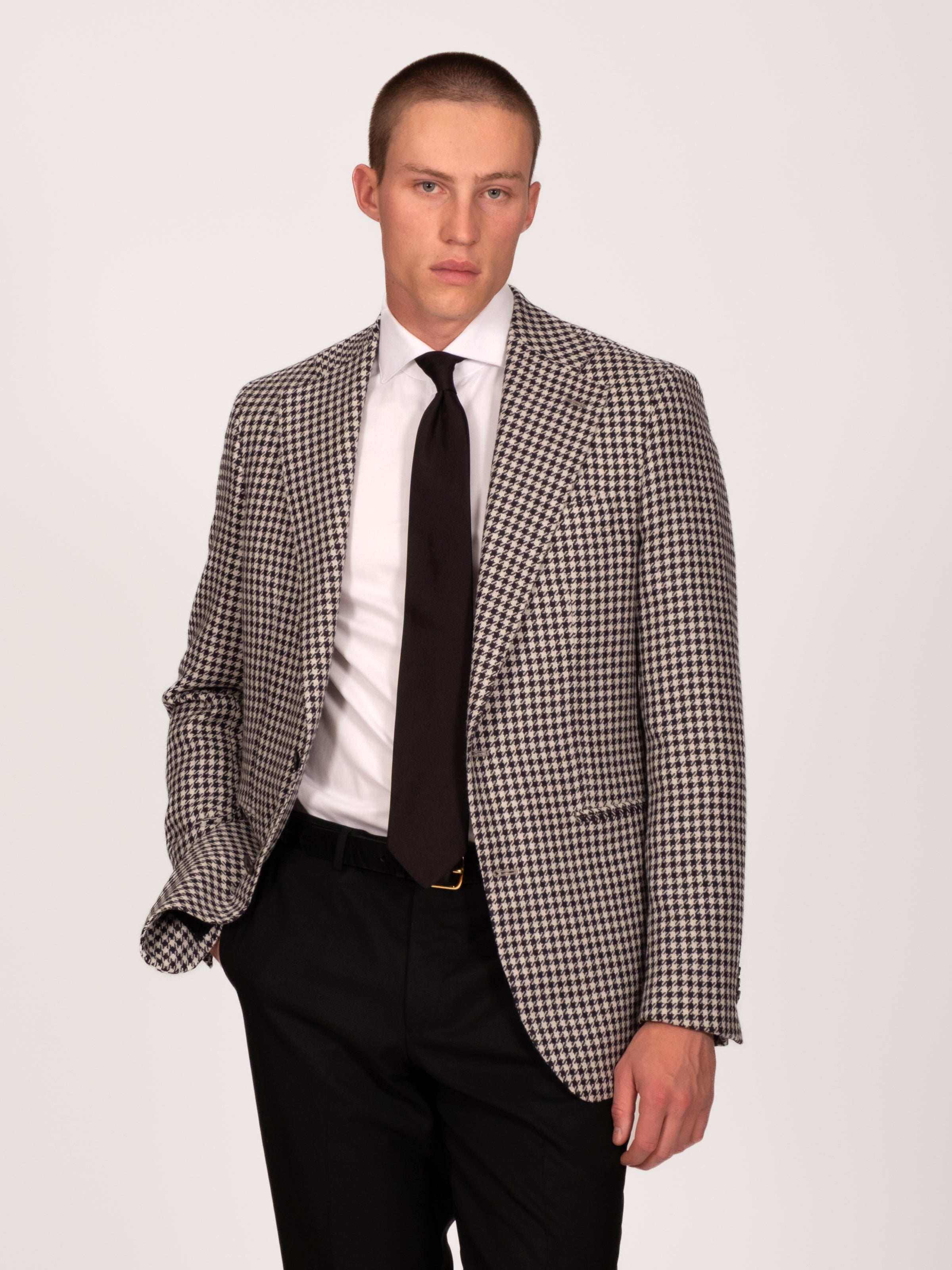 Midnight Off White Wool Alpaca Silk Houndstooth Blazer