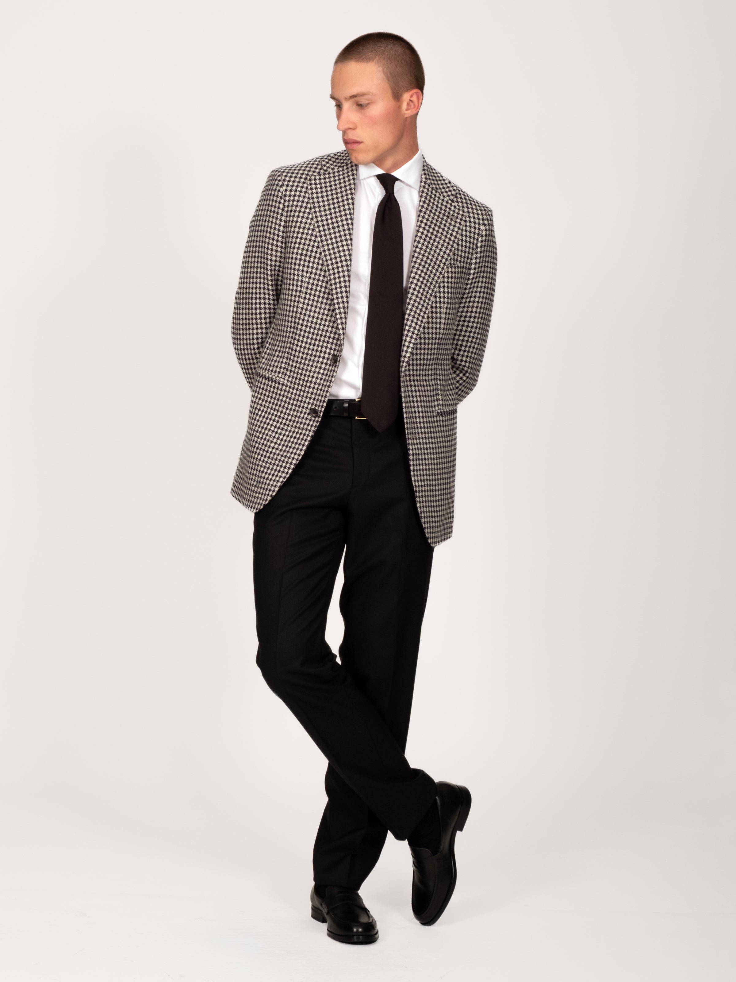 Midnight Off White Wool Alpaca Silk Houndstooth Blazer