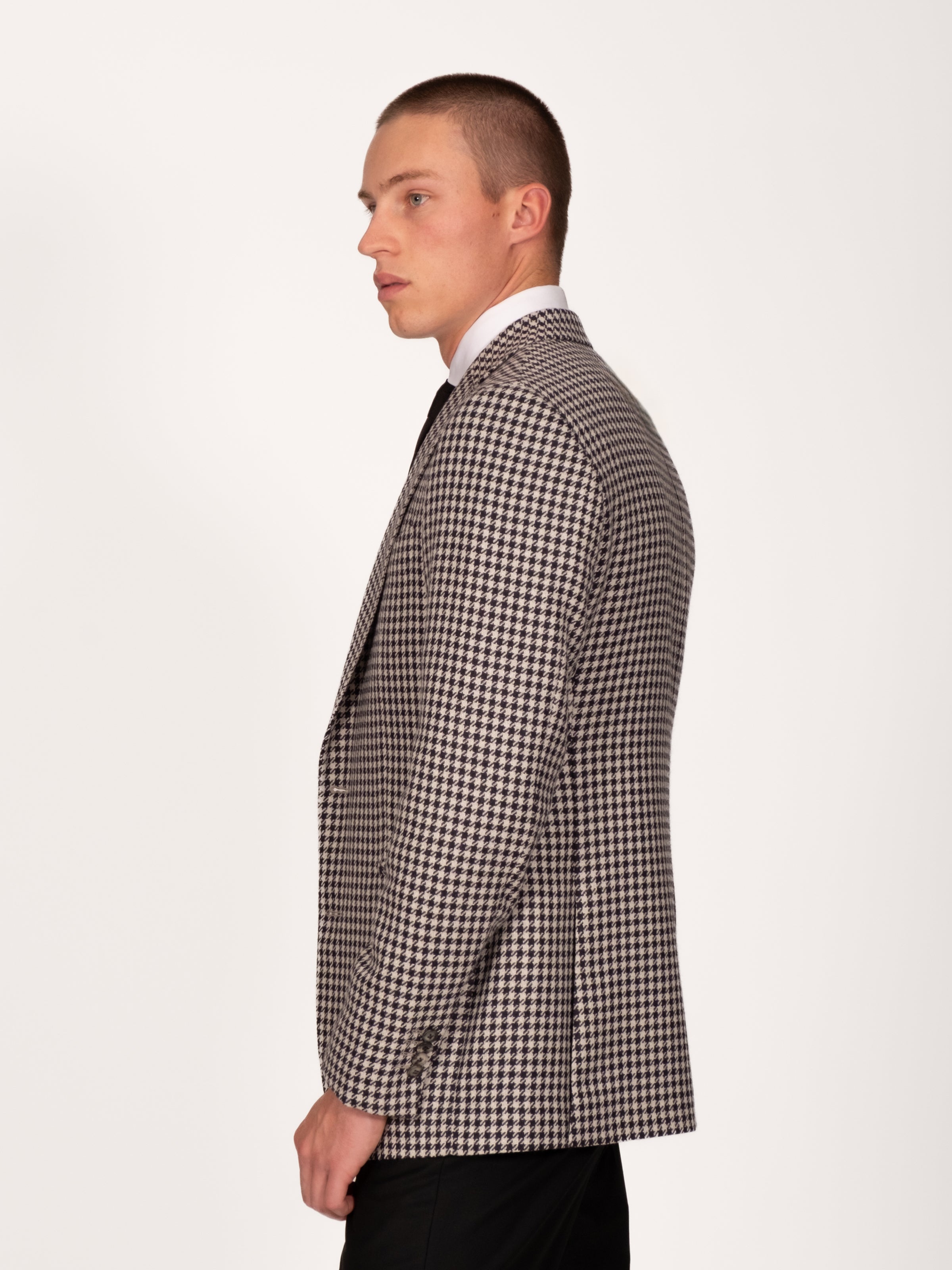 Midnight Off White Wool Alpaca Silk Houndstooth Blazer