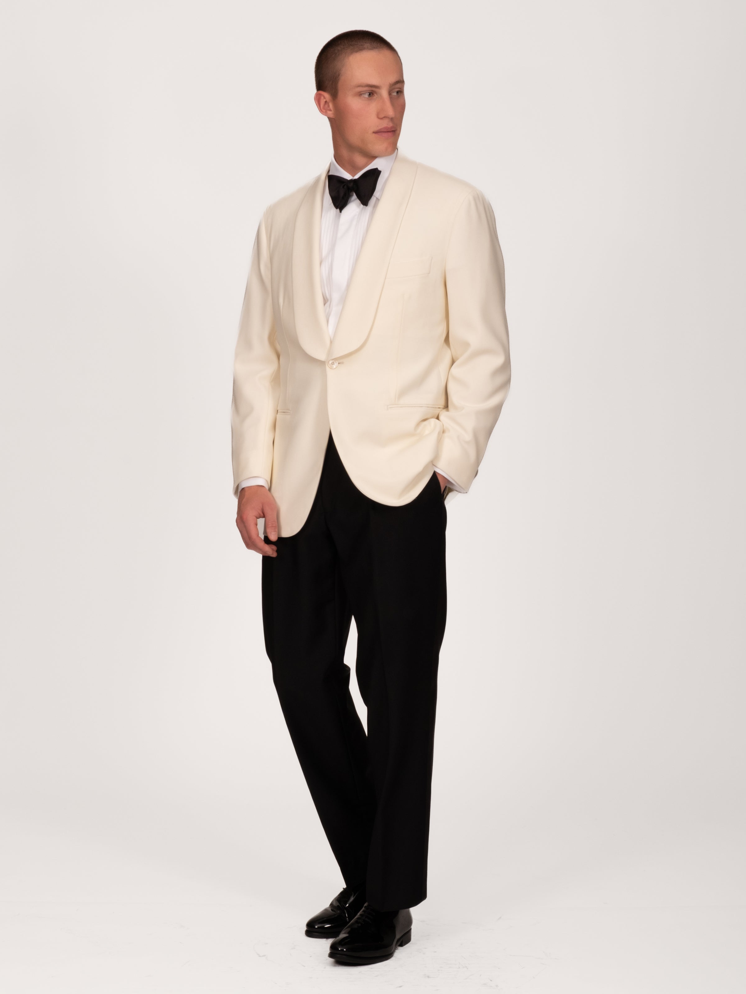 Ivory Wool Faille Shawl Collar Smoking Jacket
