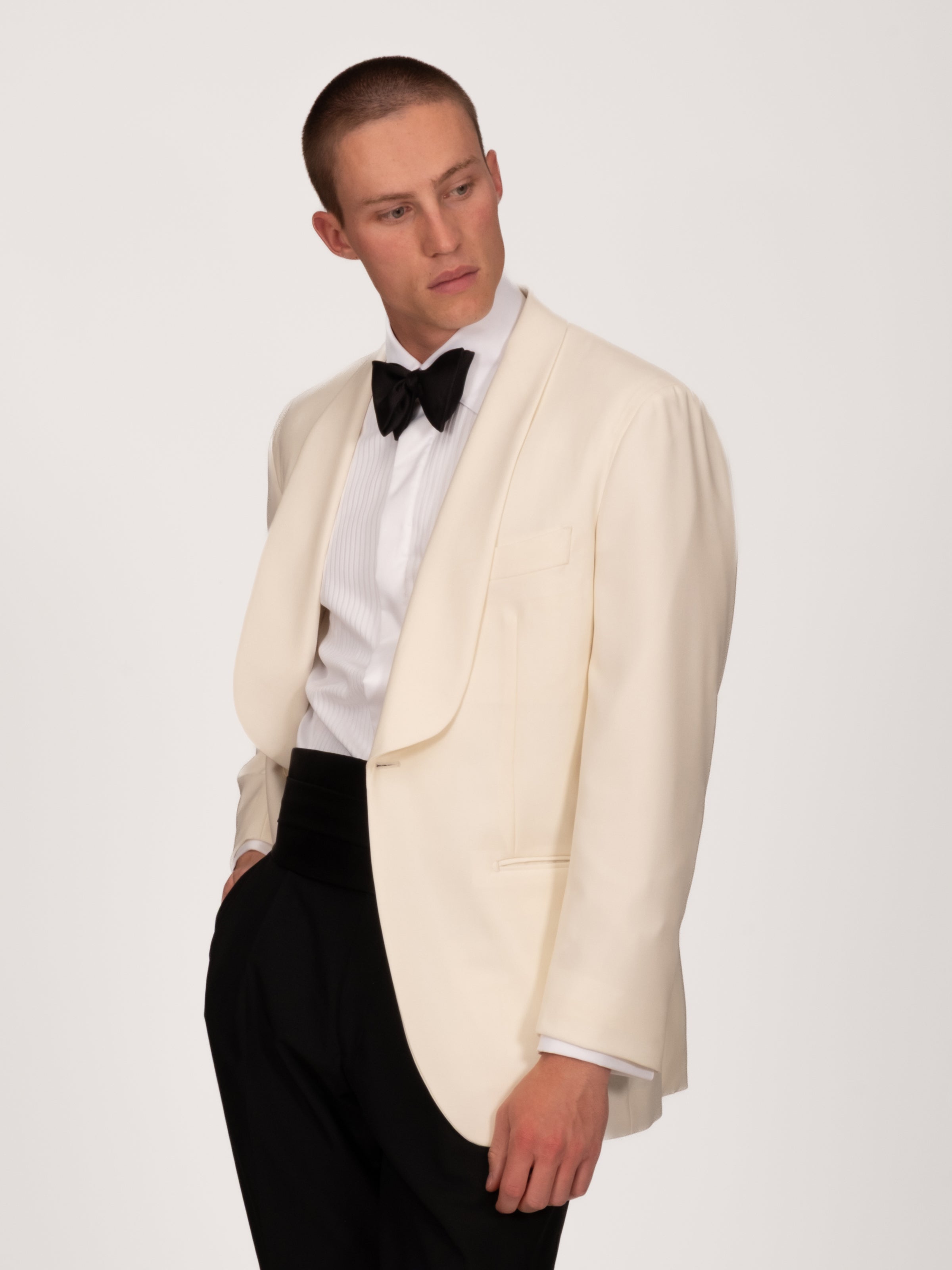 Ivory Wool Faille Shawl Collar Smoking Jacket