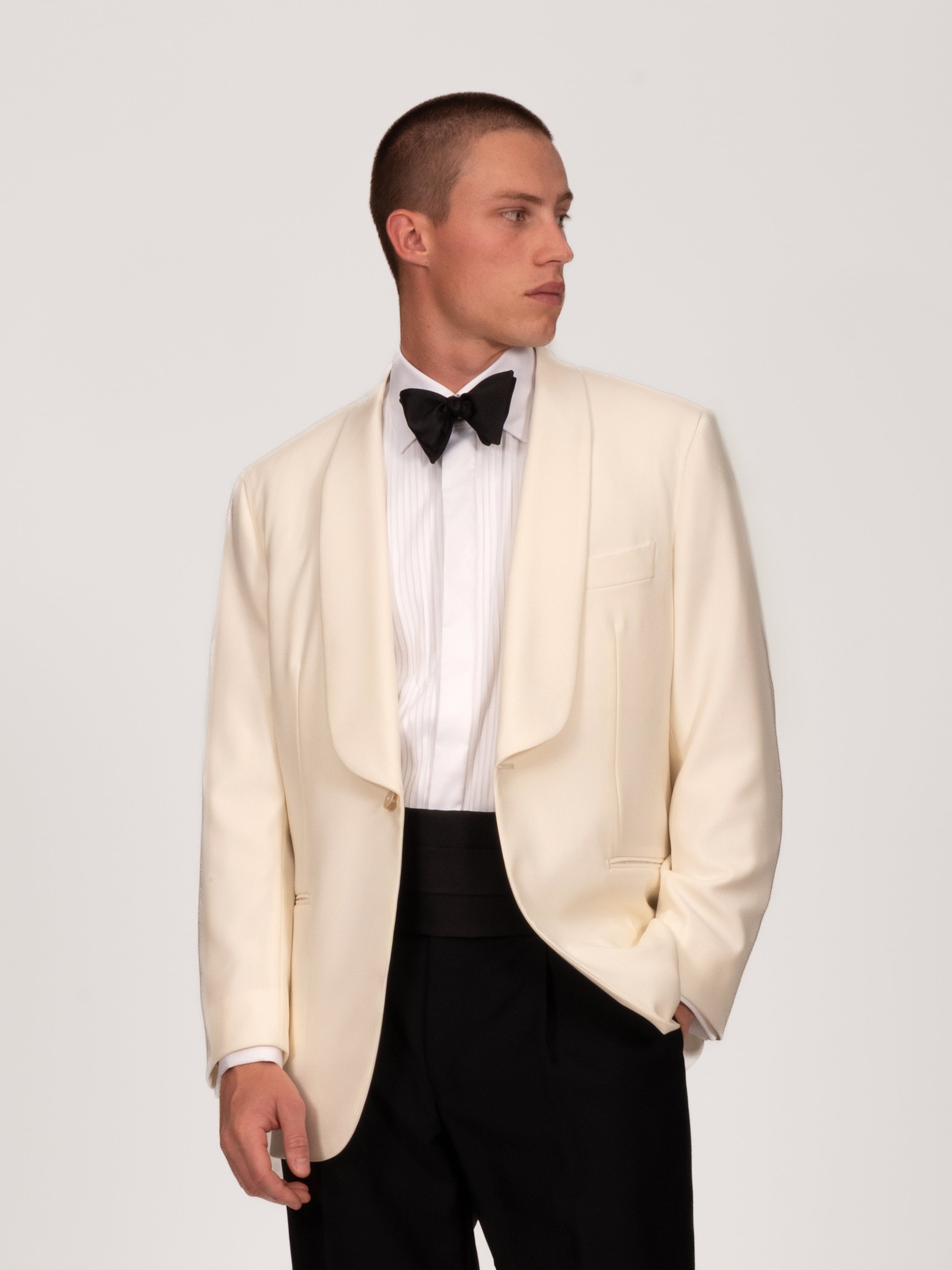Ivory Wool Faille Shawl Collar Smoking Jacket