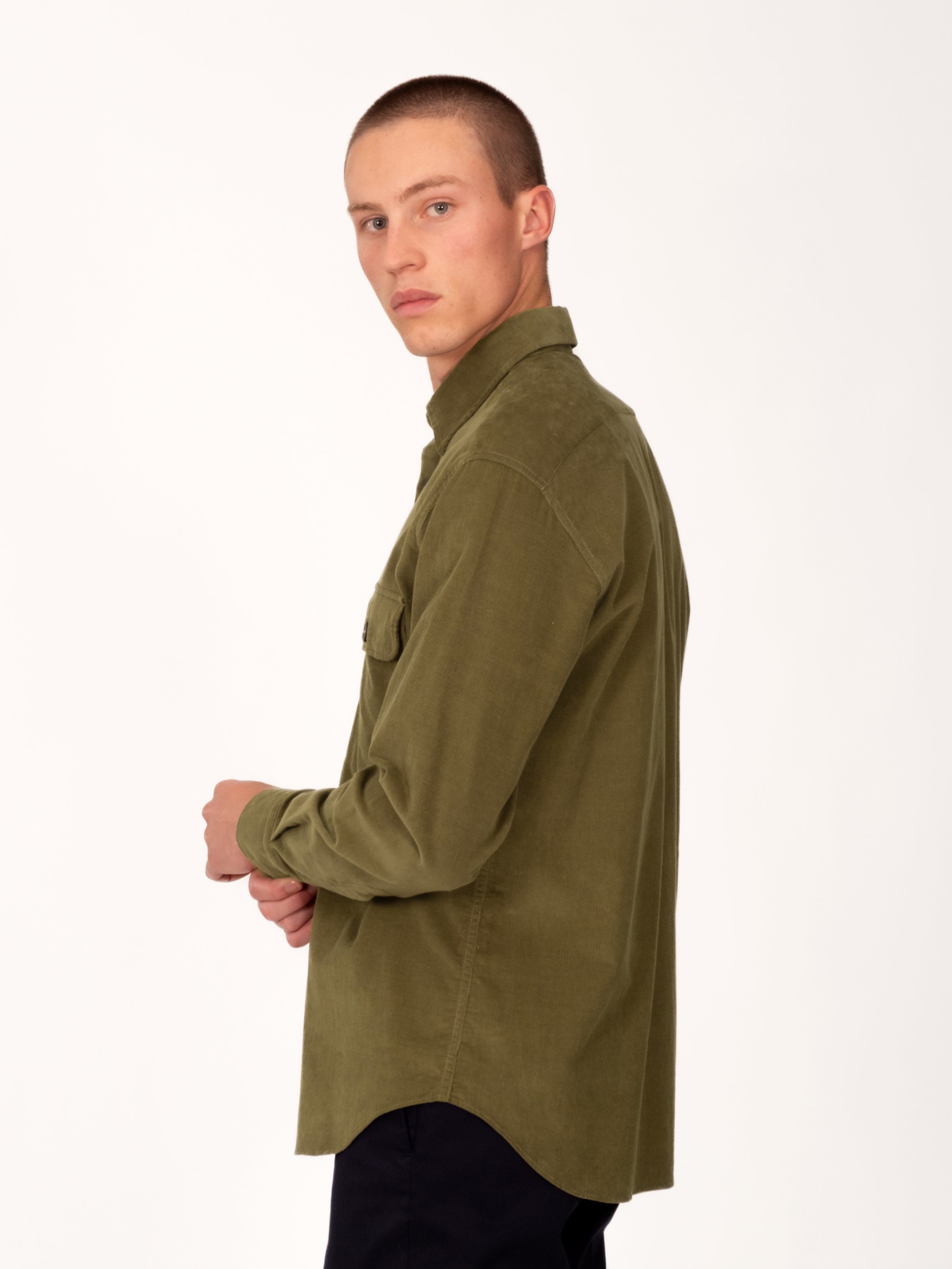 Olive Cotton Corduroy Double Pocket Overshirt