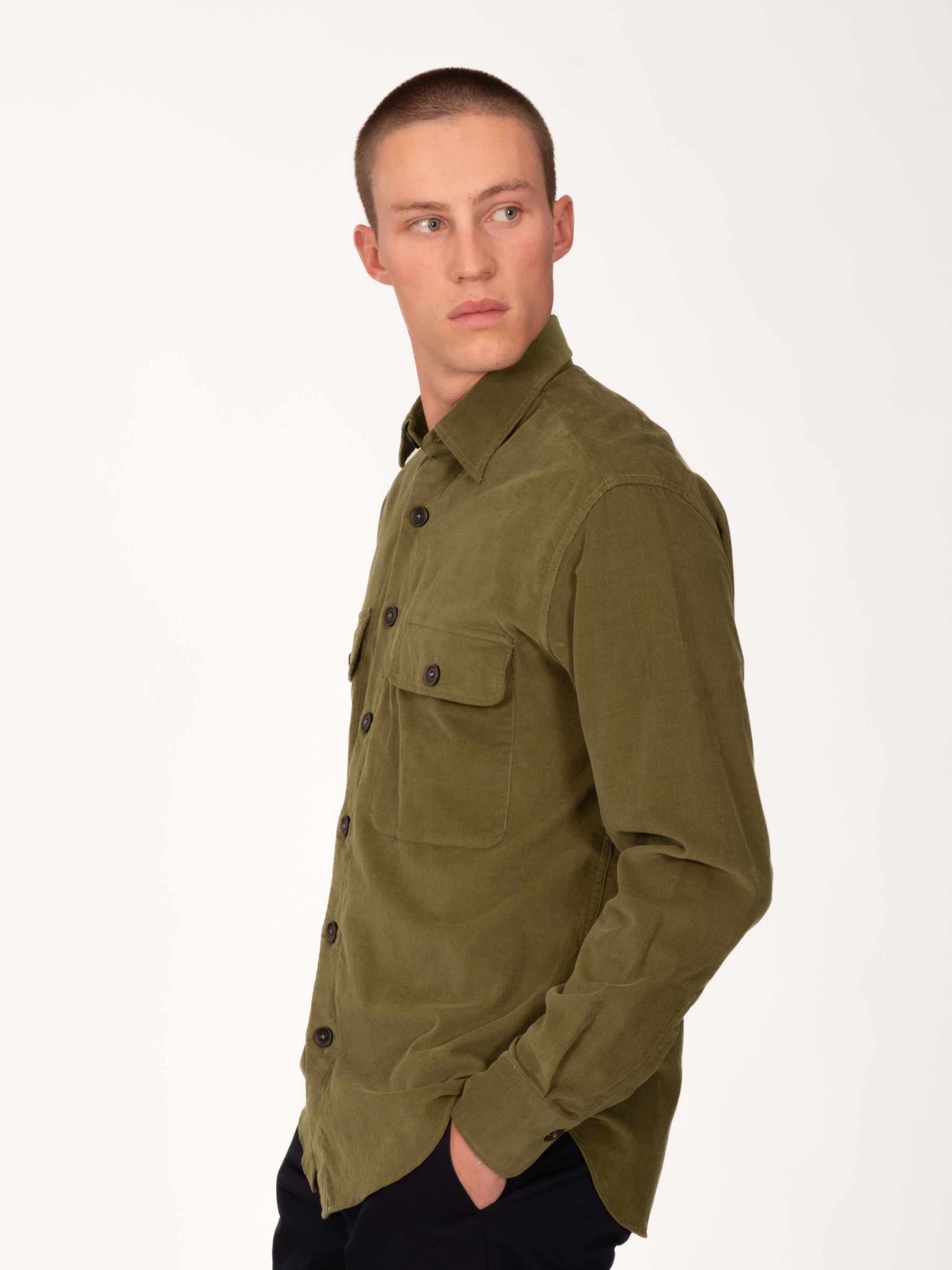 Olive Cotton Corduroy Double Pocket Overshirt