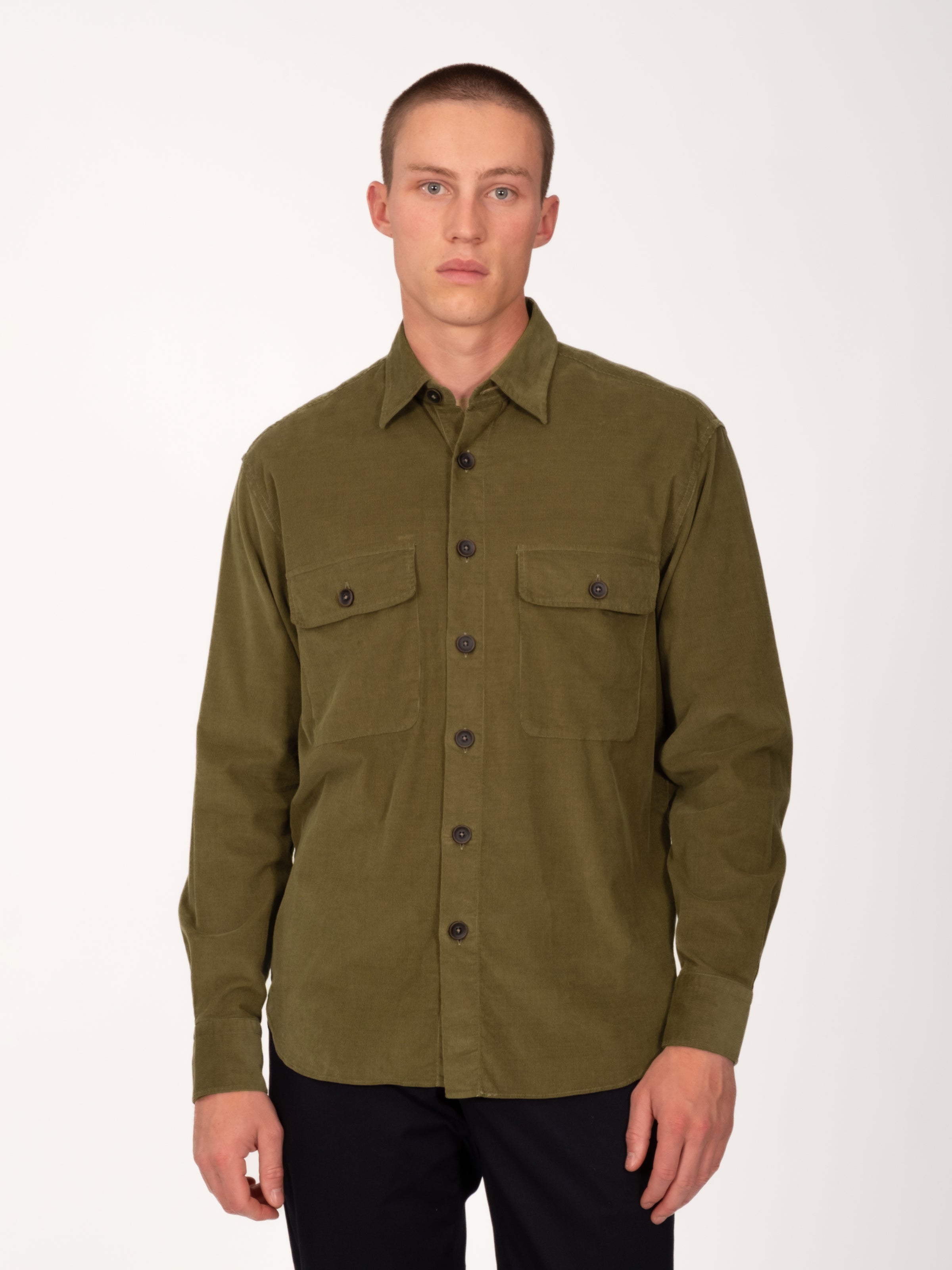 Olive Cotton Corduroy Double Pocket Overshirt