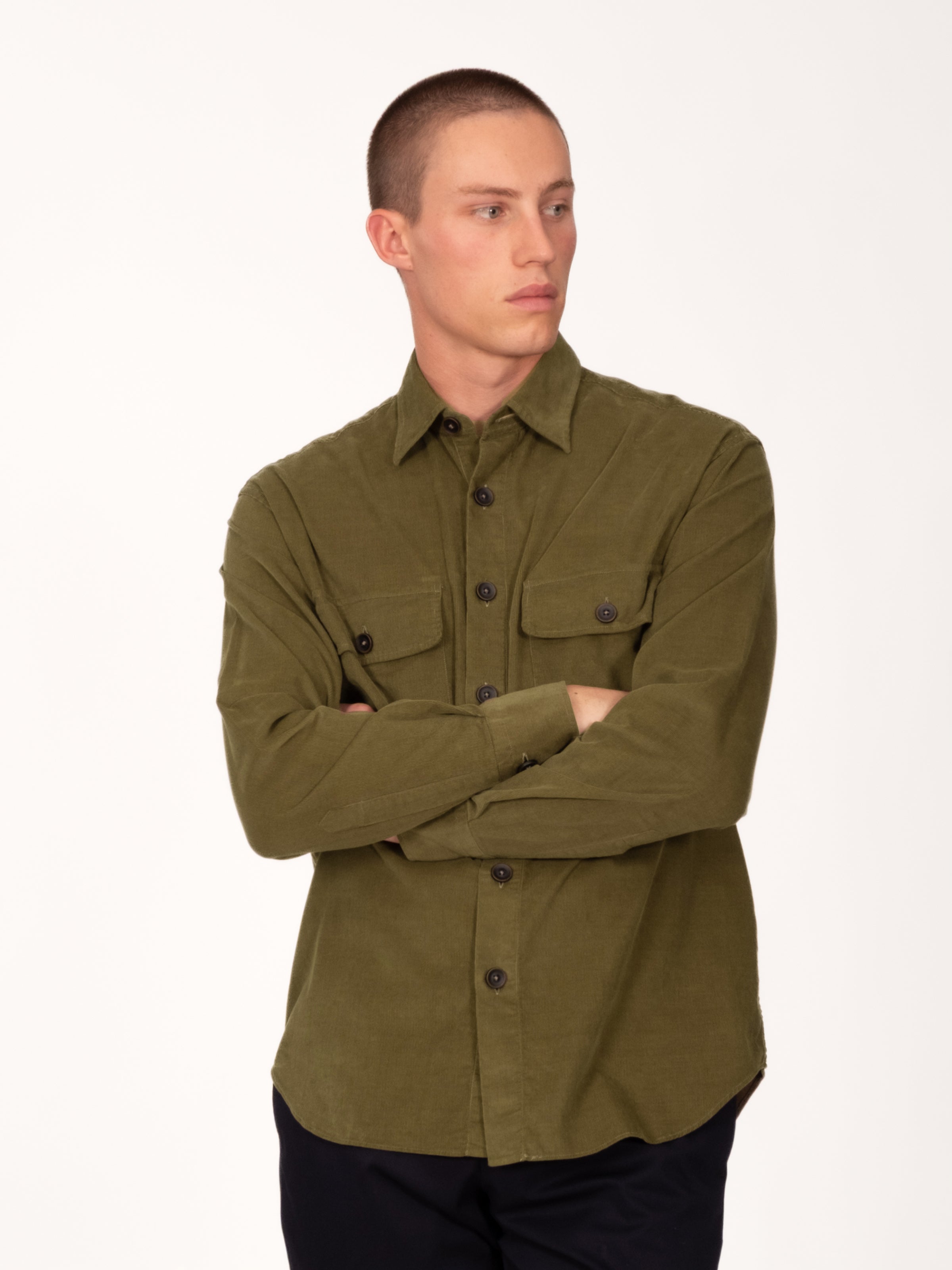 Olive Cotton Corduroy Double Pocket Overshirt