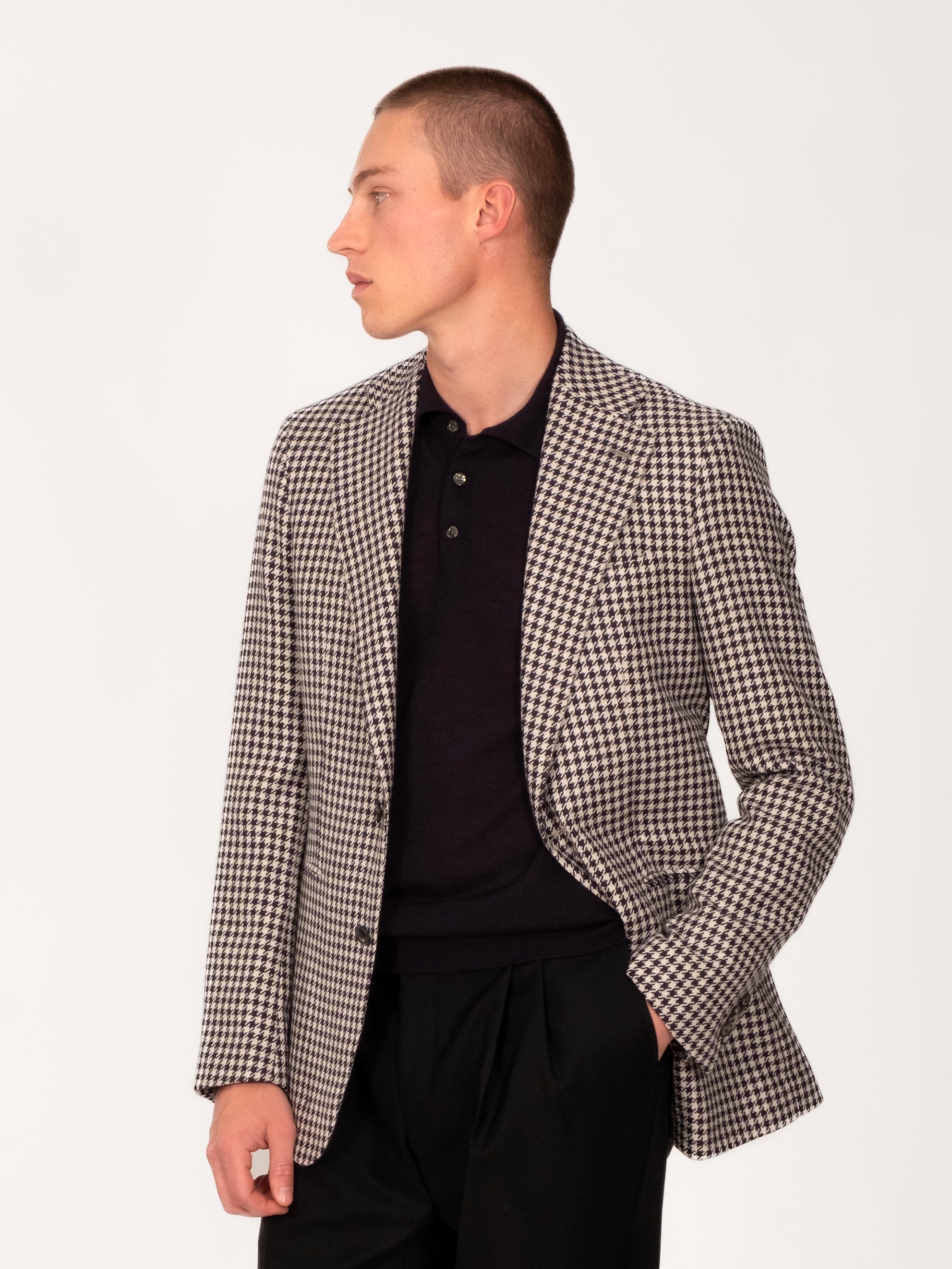 Midnight Off White Wool Alpaca Silk Houndstooth Blazer