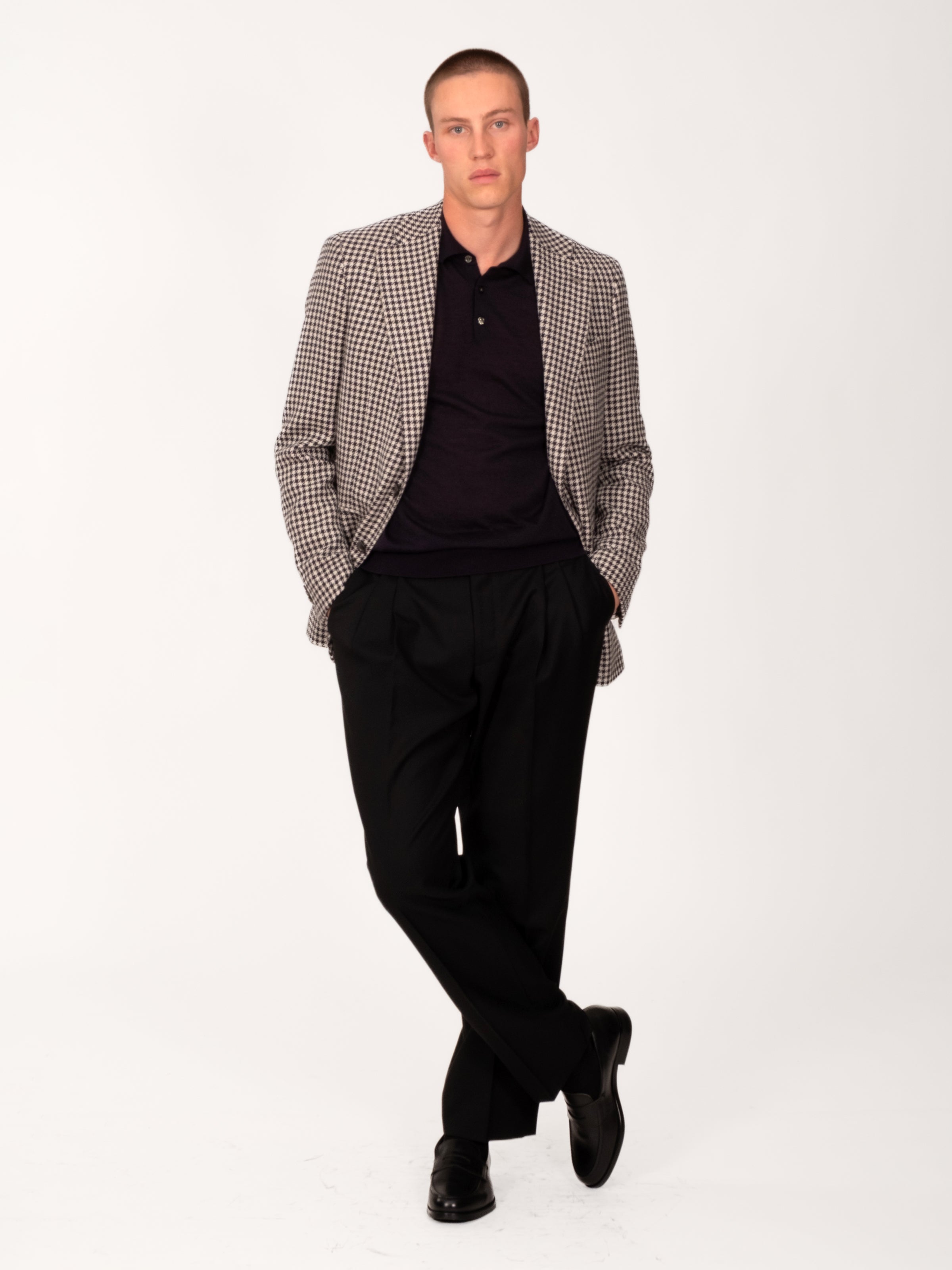 Midnight Off White Wool Alpaca Silk Houndstooth Blazer