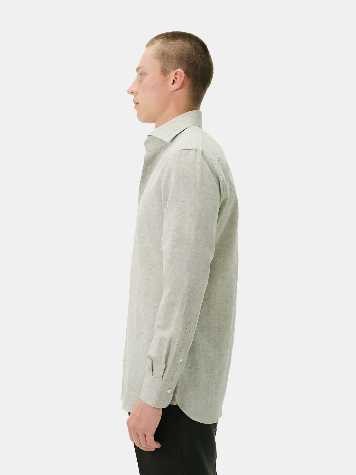 Olive Chambray Cotton Linen Blend Cutaway Collar Shirt