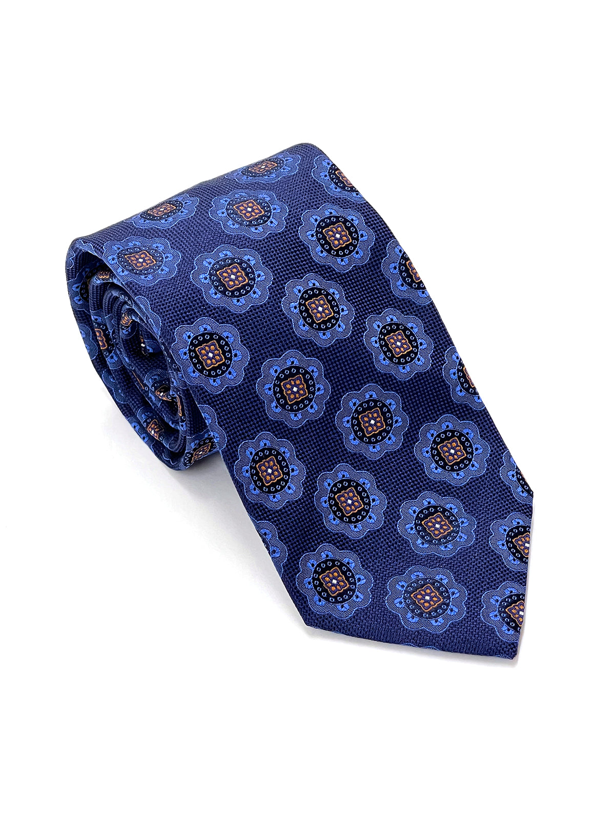 Large Mon Motif in Cobalt, Navy & Tan Tie