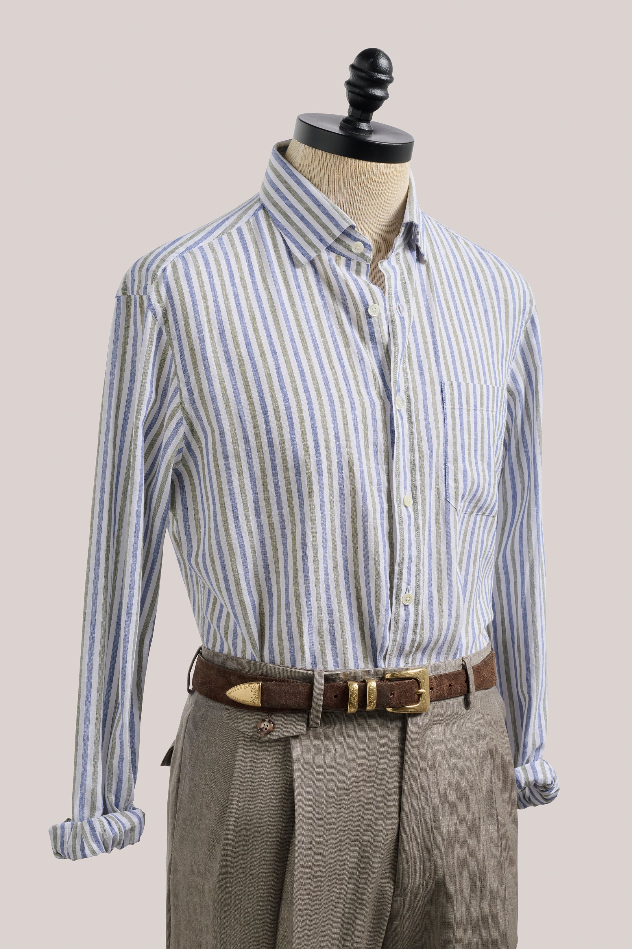 Cotton Linen Holiday Shirt - Blue and Olive Stripe