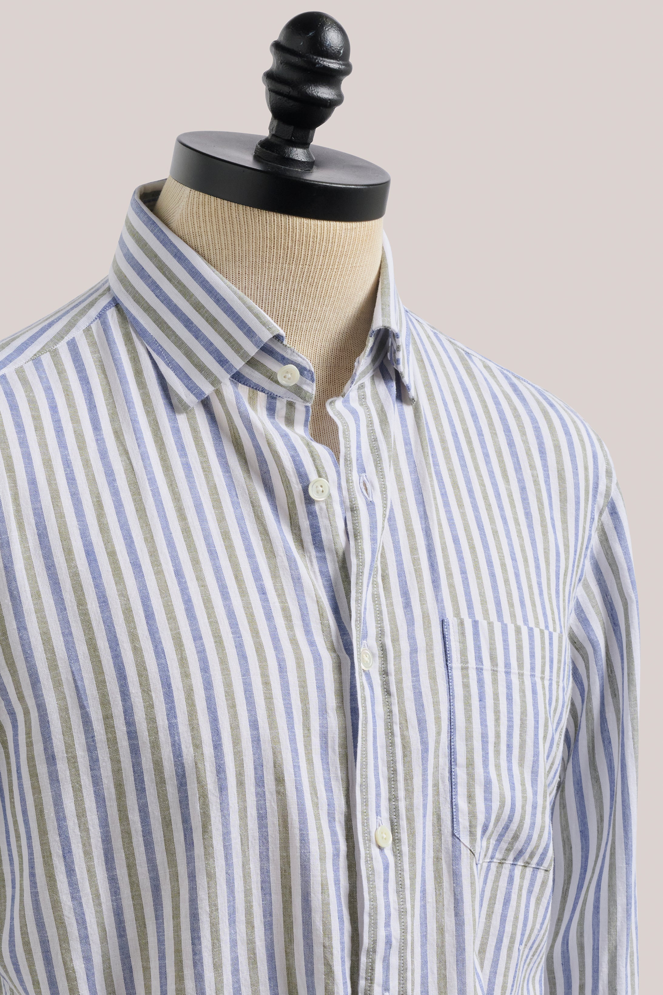 Cotton Linen Holiday Shirt - Blue and Olive Stripe