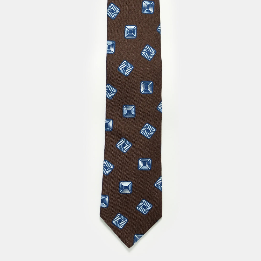 Lioni Abstract Printed Silk Tie - Cocoa and Blue