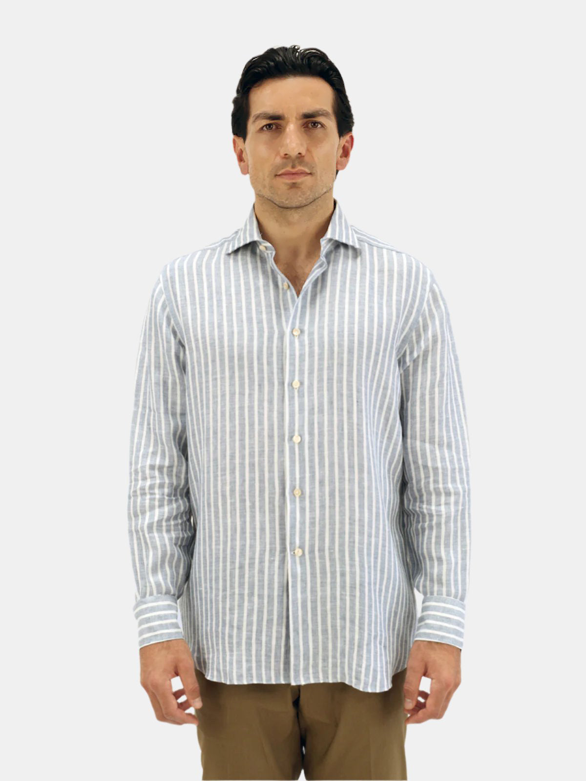 Mid Blue Stripe Linen Spread Collar Shirt