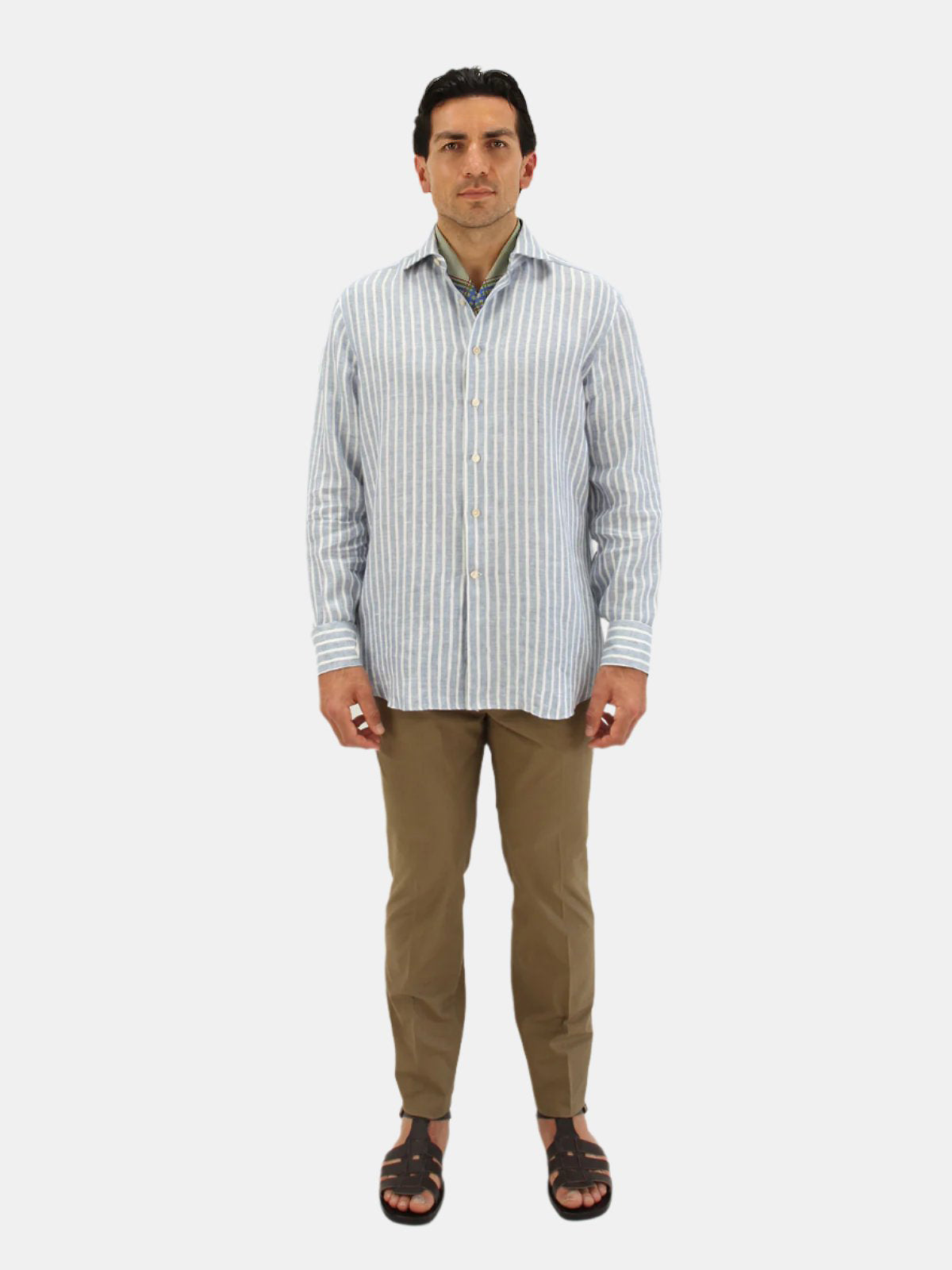 Mid Blue Stripe Linen Spread Collar Shirt