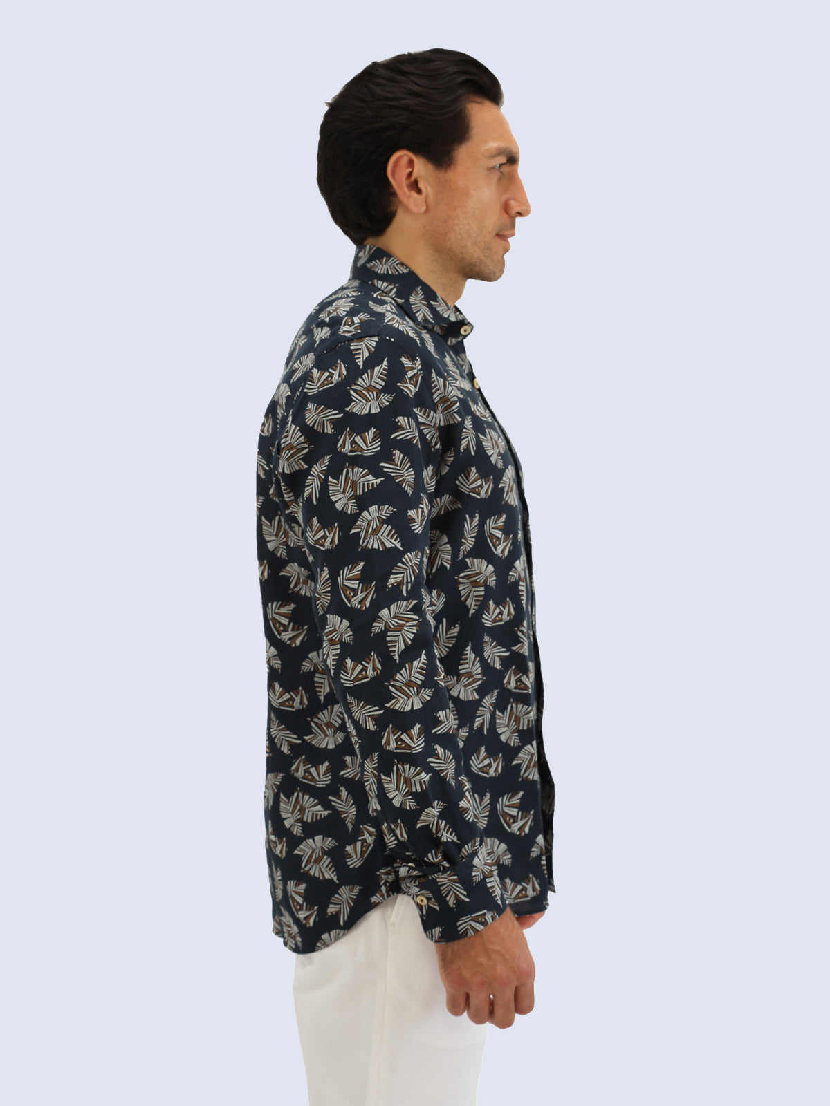 Navy Abstract Leaf Printed Linen Spread Collar Shirt