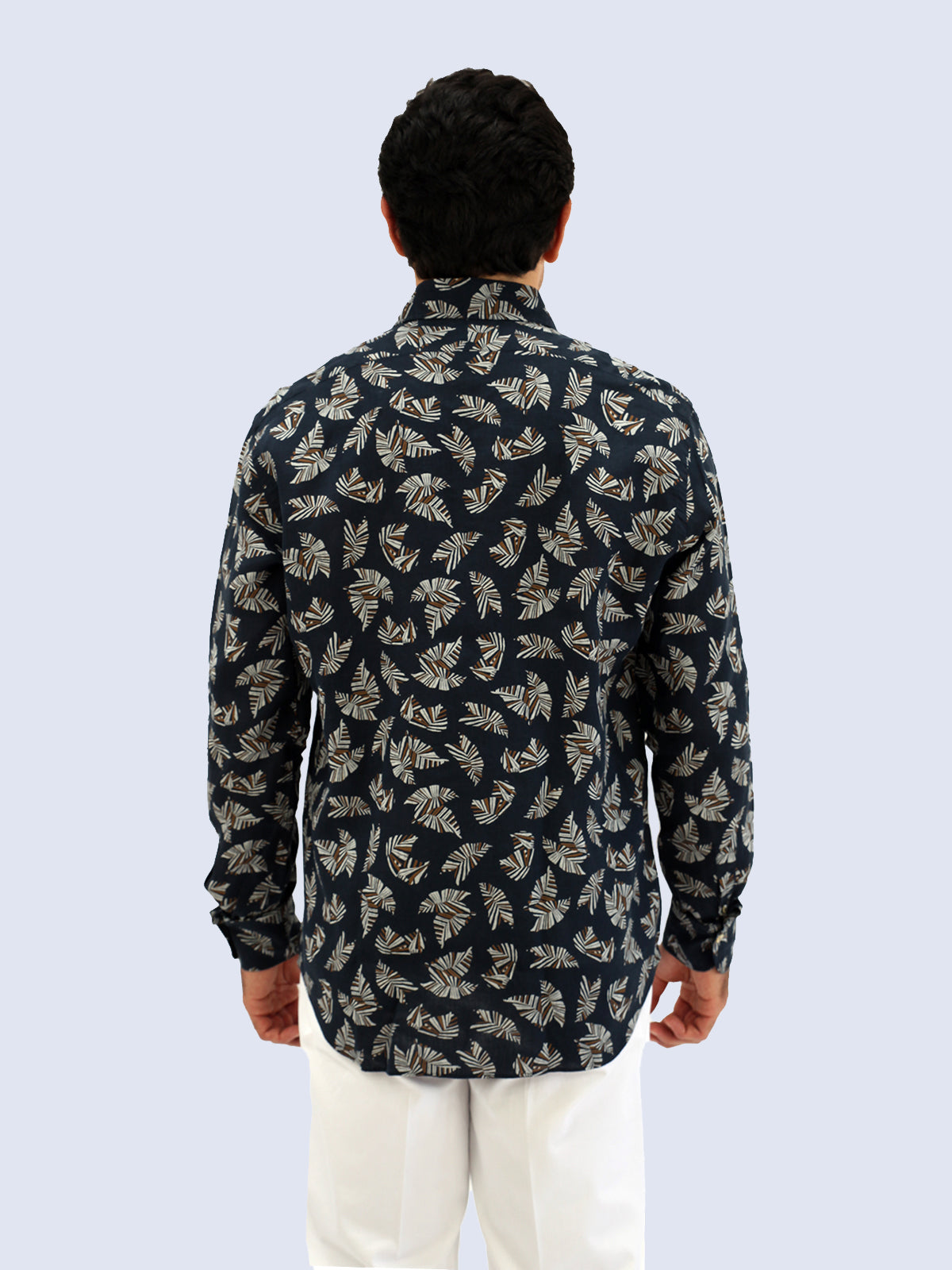 Navy Abstract Leaf Printed Linen Spread Collar Shirt