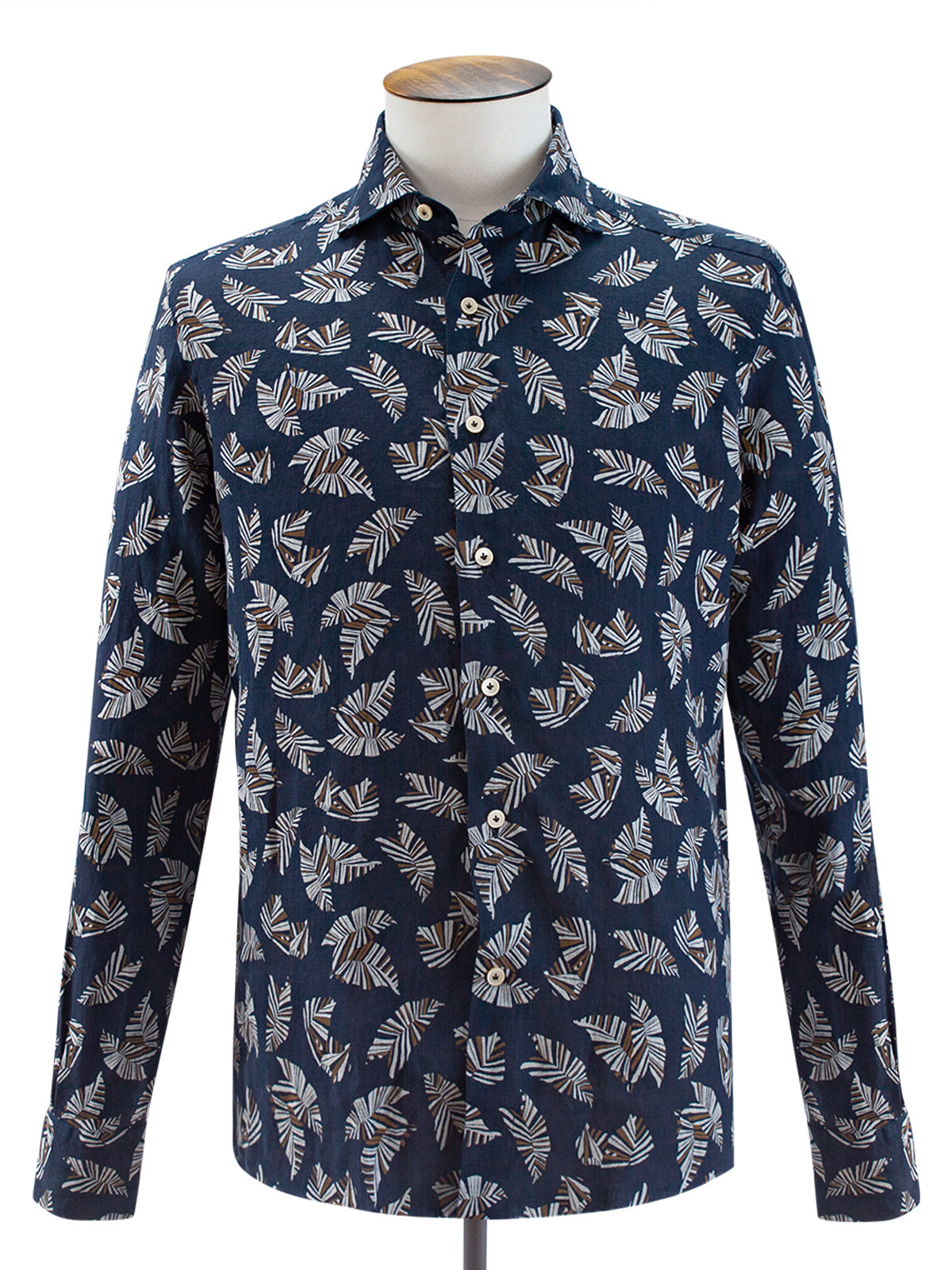 Navy Abstract Leaf Printed Linen Spread Collar Shirt