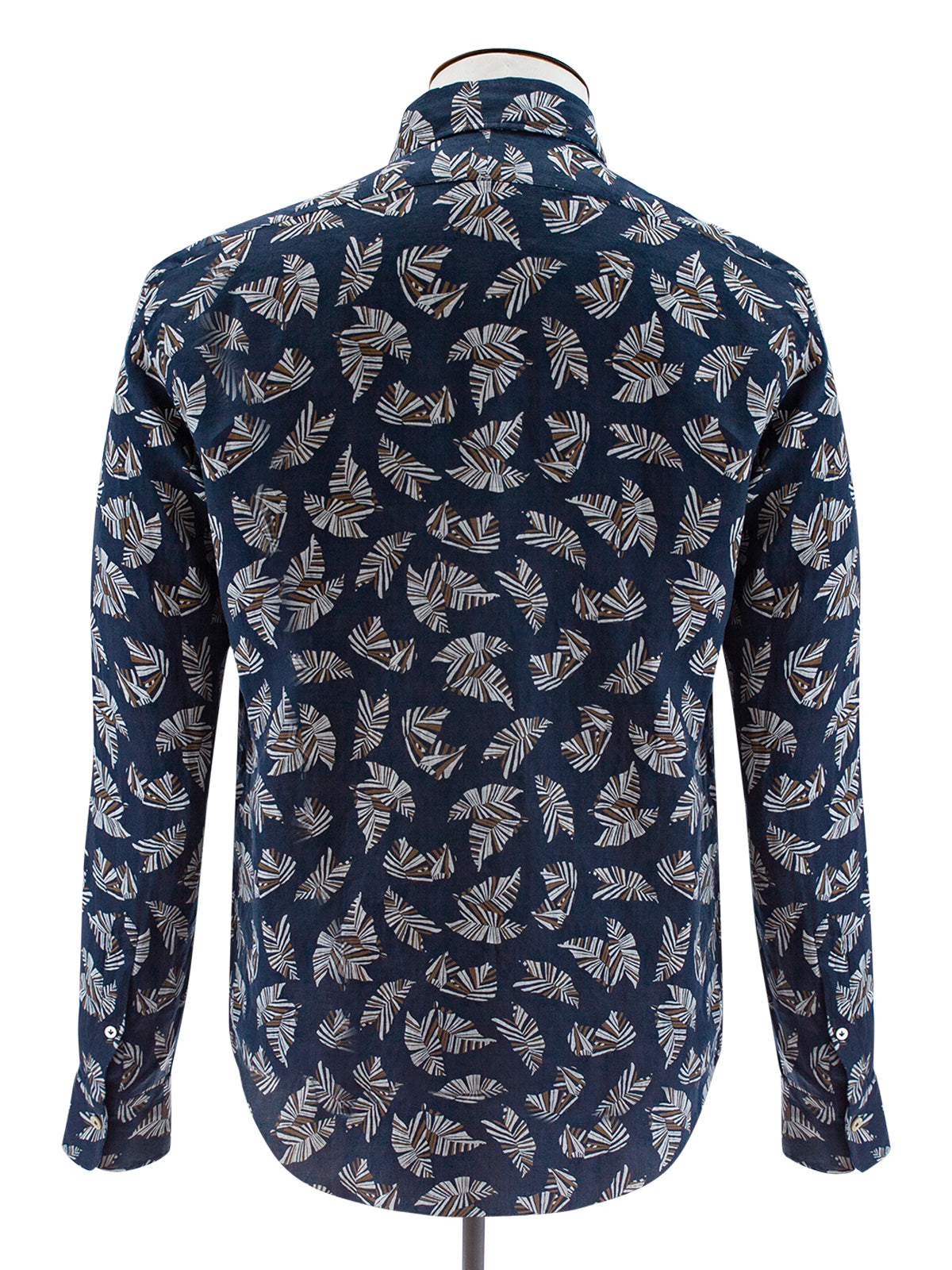 Navy Abstract Leaf Printed Linen Spread Collar Shirt