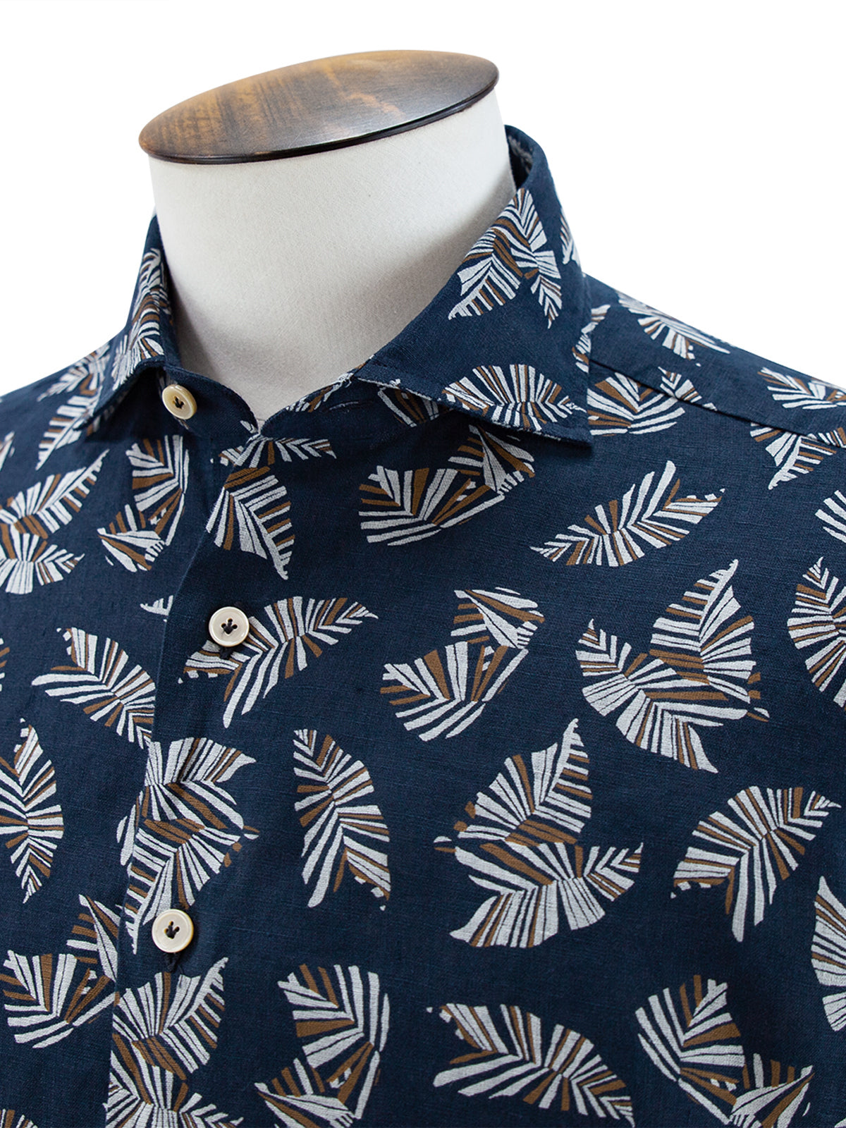 Navy Abstract Leaf Printed Linen Spread Collar Shirt