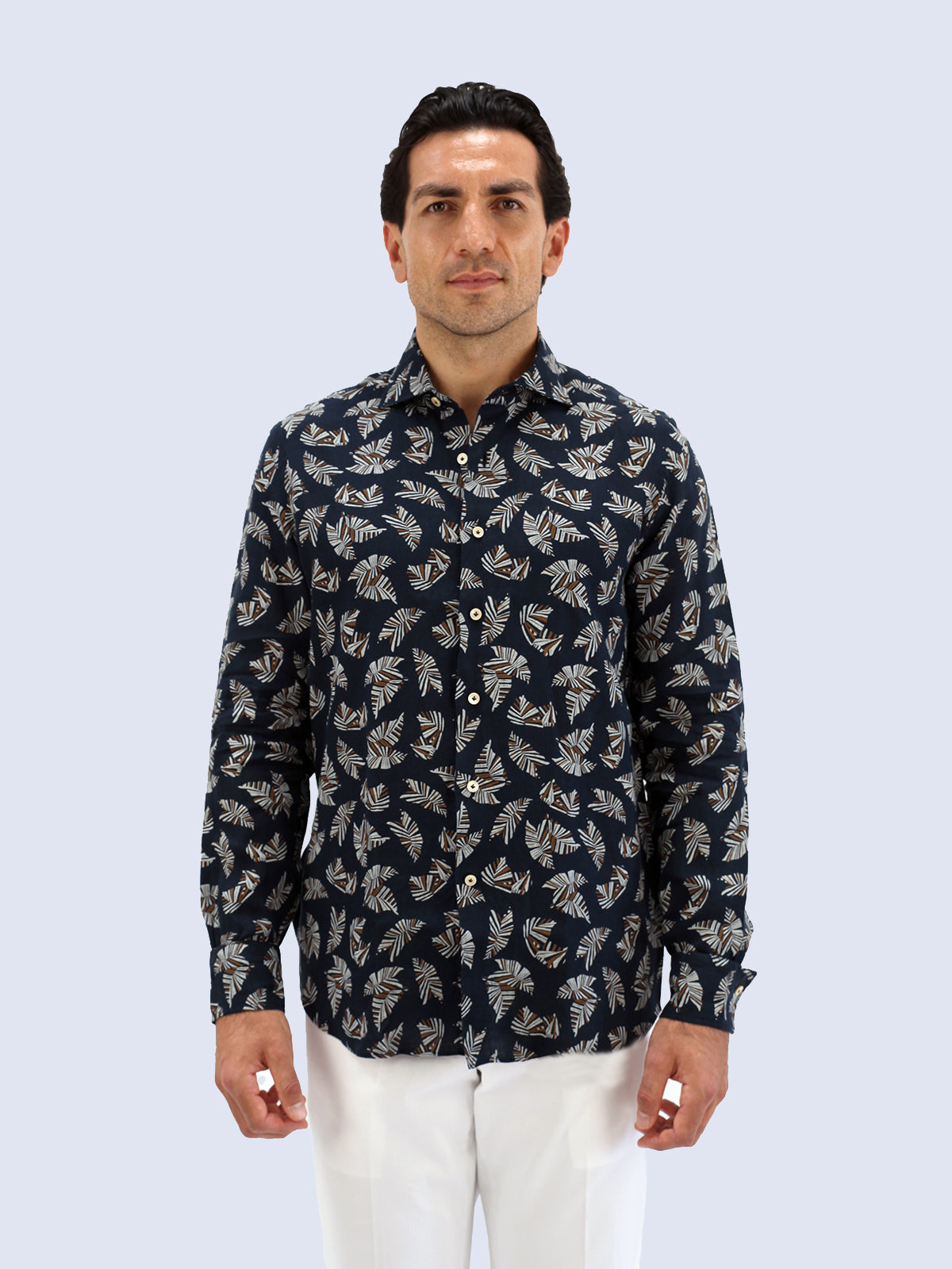 Navy Abstract Leaf Printed Linen Spread Collar Shirt