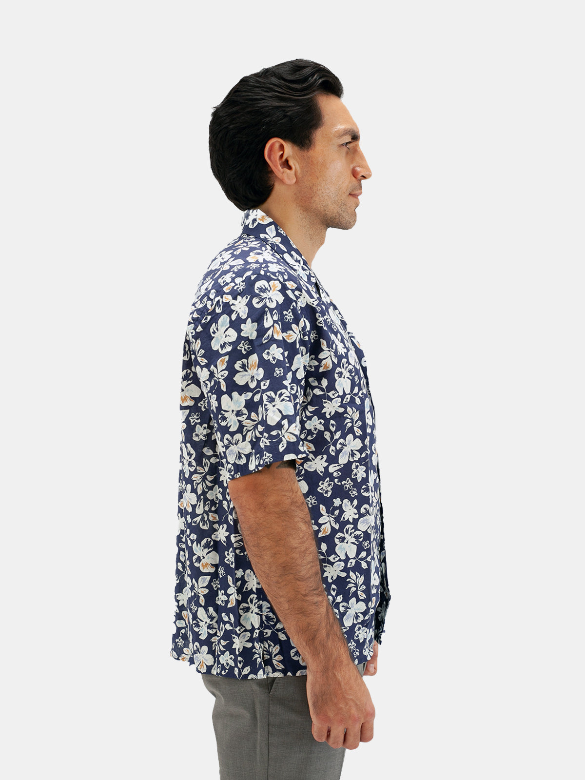 Navy Hibiscus Printed Short Sleeve Shirt