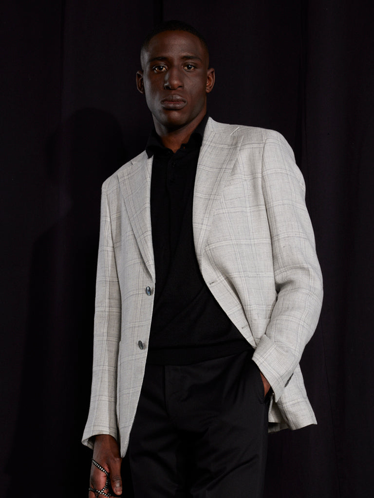 Scala Blazer - Bone Linen & Wool with Grey Check