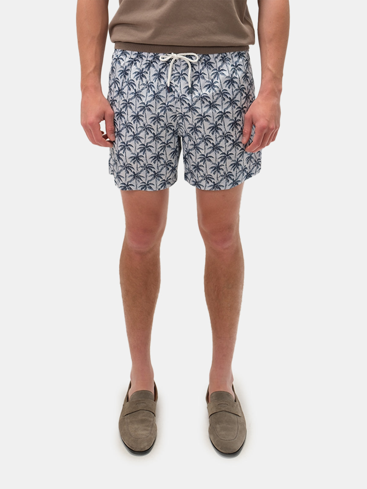 Stone Blue Palm Tree Printed Swim Shorts