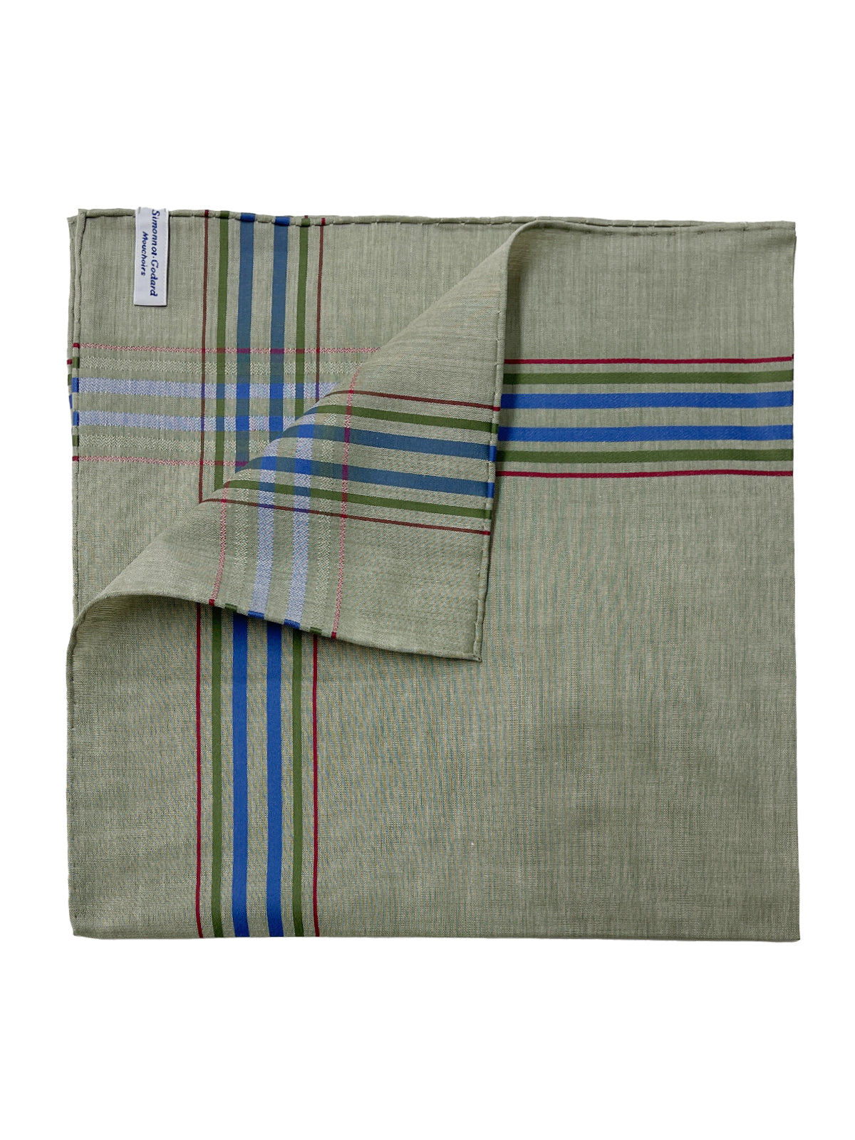 Simonnot Godard Sage Checkered Edge Cotton Neckerchief