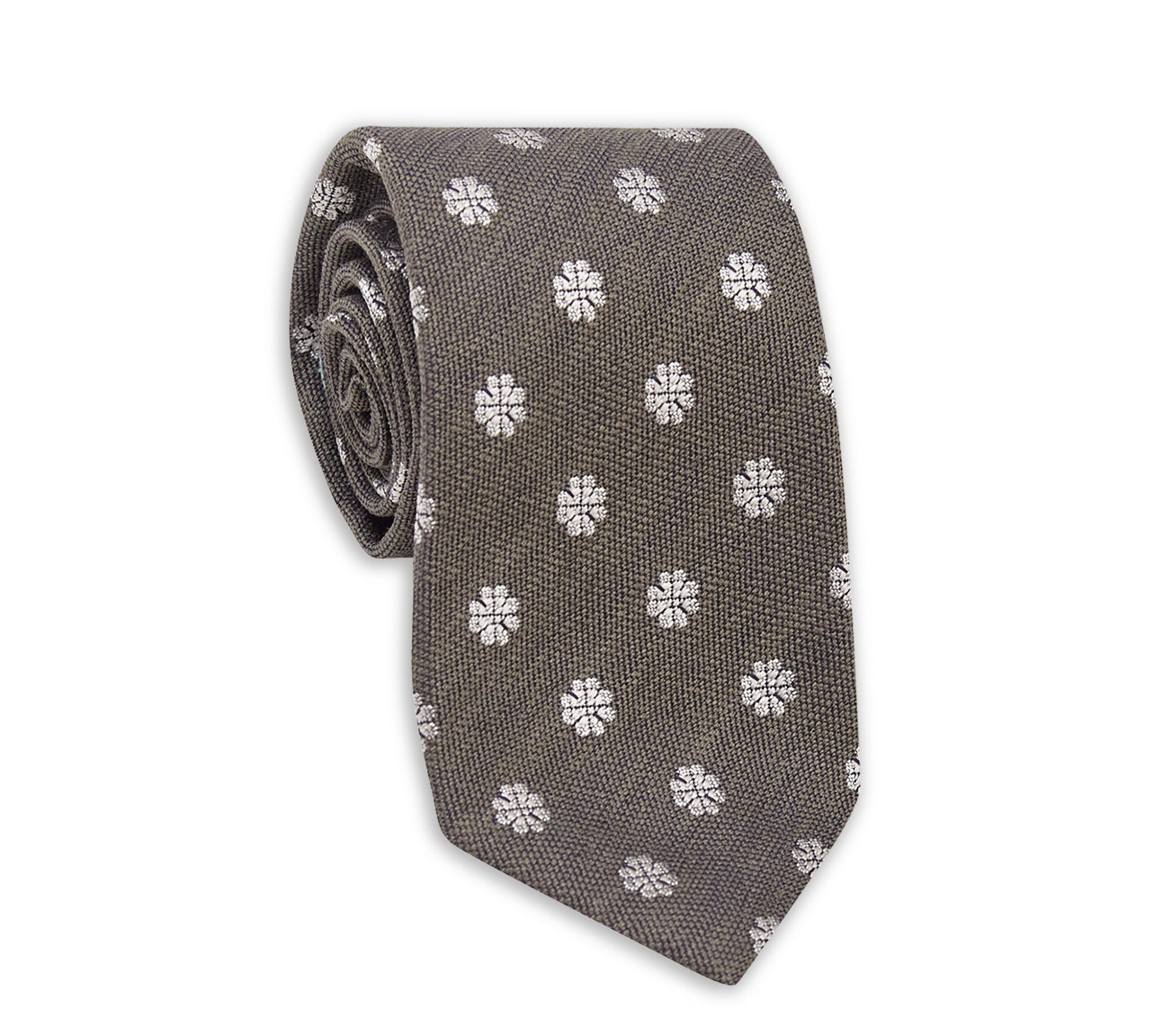 Mustard Green Bouclé Silk Jacquard Tie with Beige Flowers