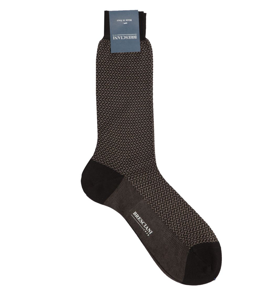 Bresciani Black Geometric Motif Pima Cotton Calf Height Sock