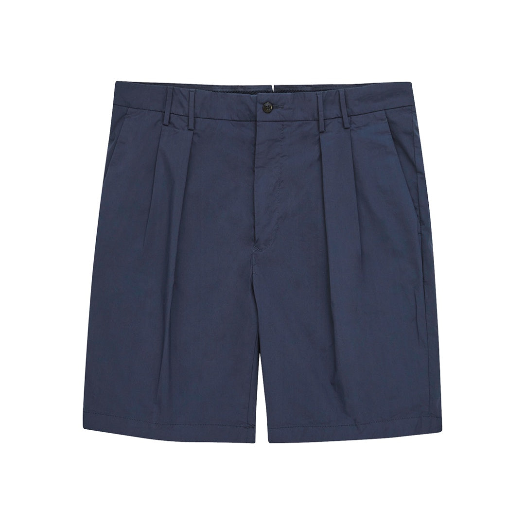 Navy Cotton & Nylon Double Pleated Shorts