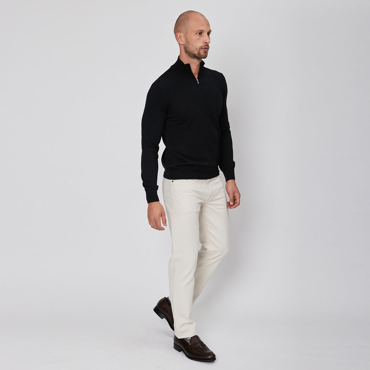 Black Wool Fine Merino Half Zip Sweater