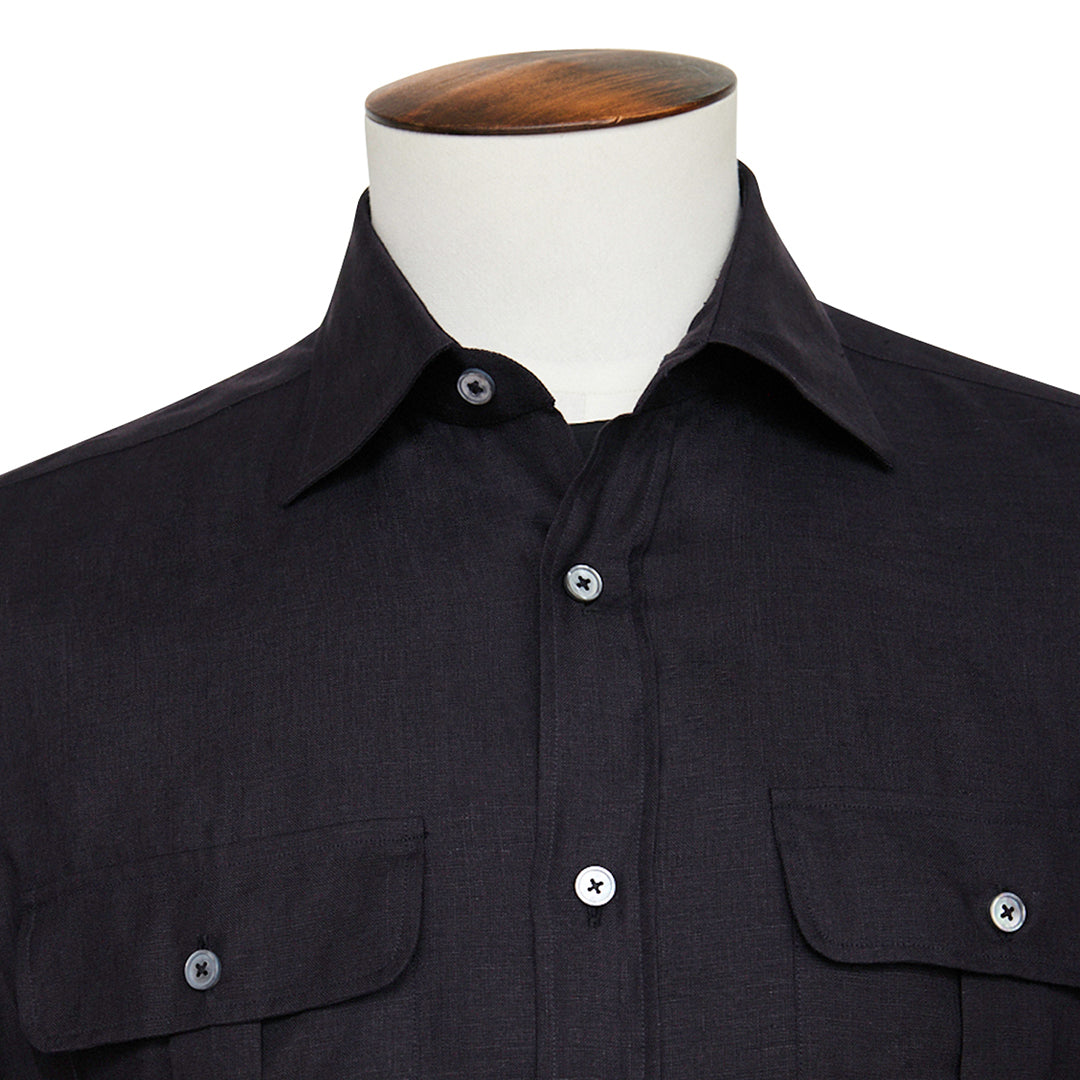 Black Linen Twill Double Pocket Overshirt
