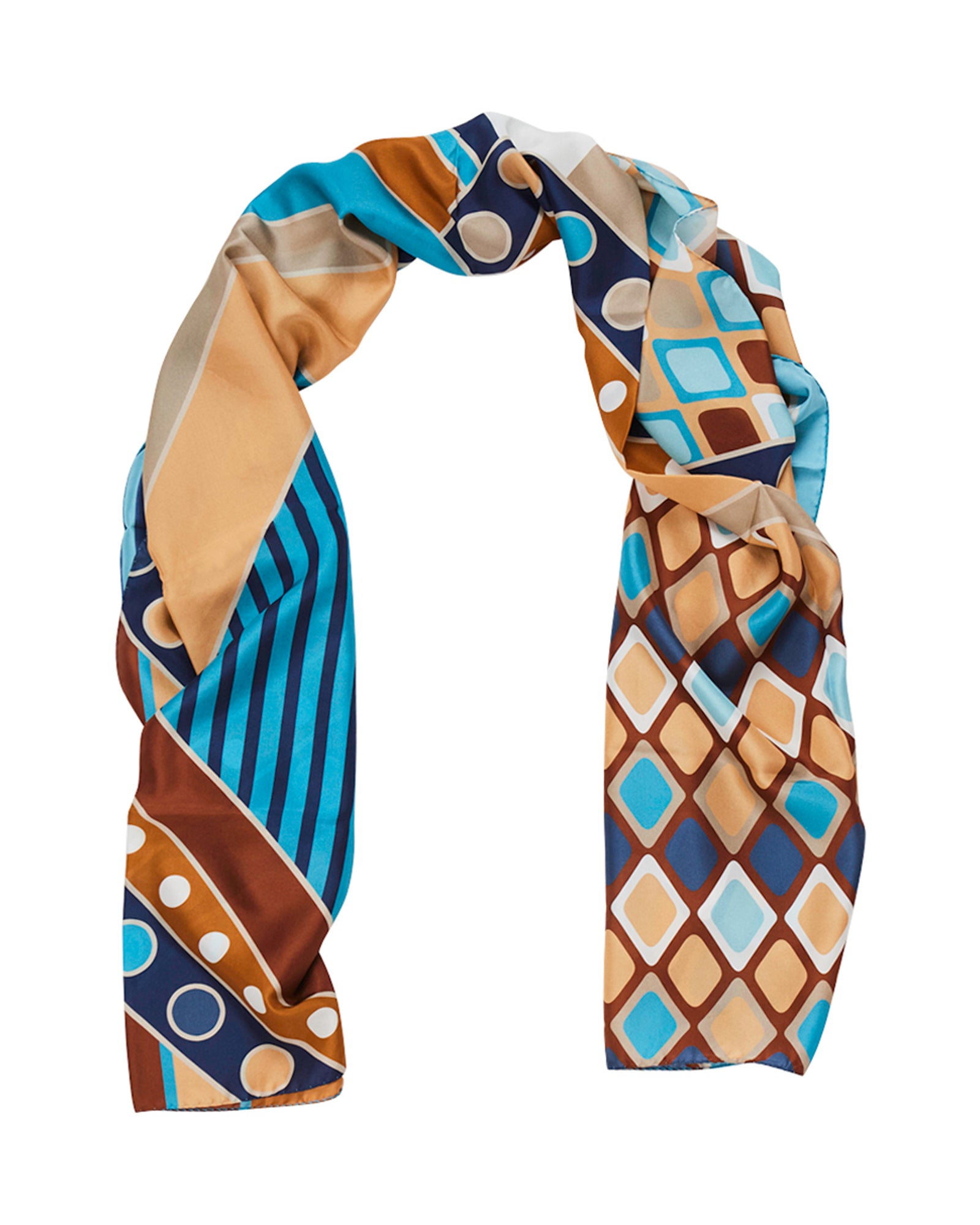 Livigno Blue, Coral & Brown Geometric Printed Silk Scarf