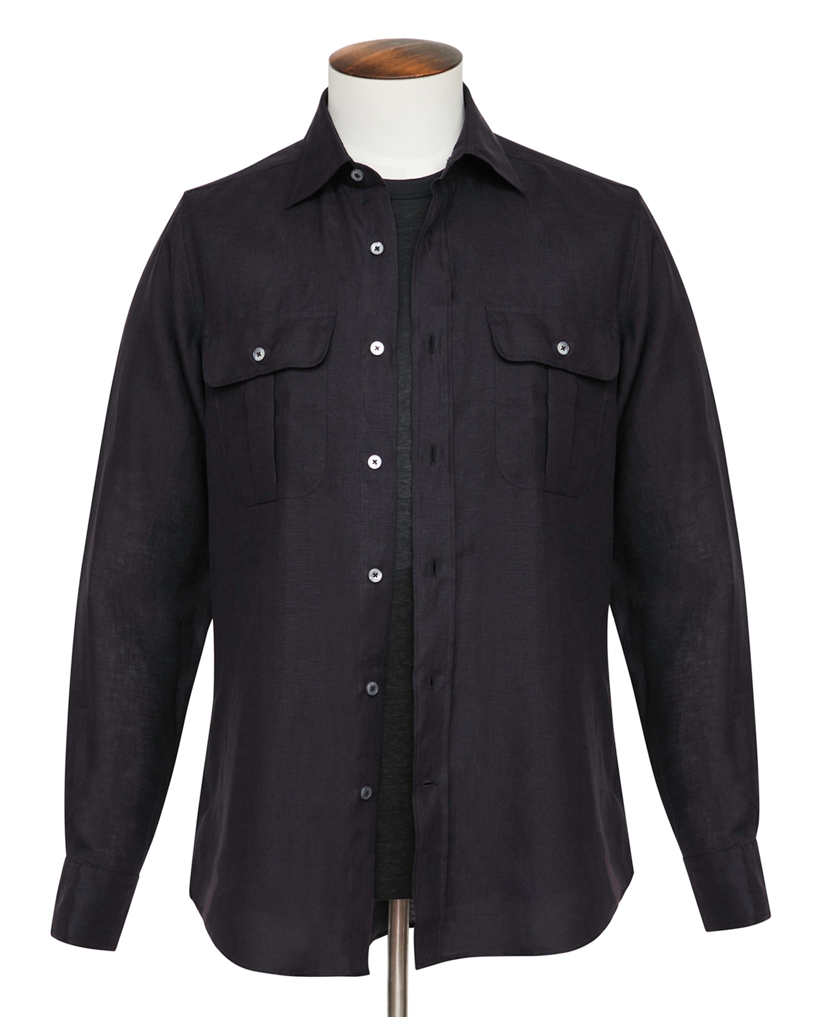 Black Linen Twill Double Pocket Overshirt